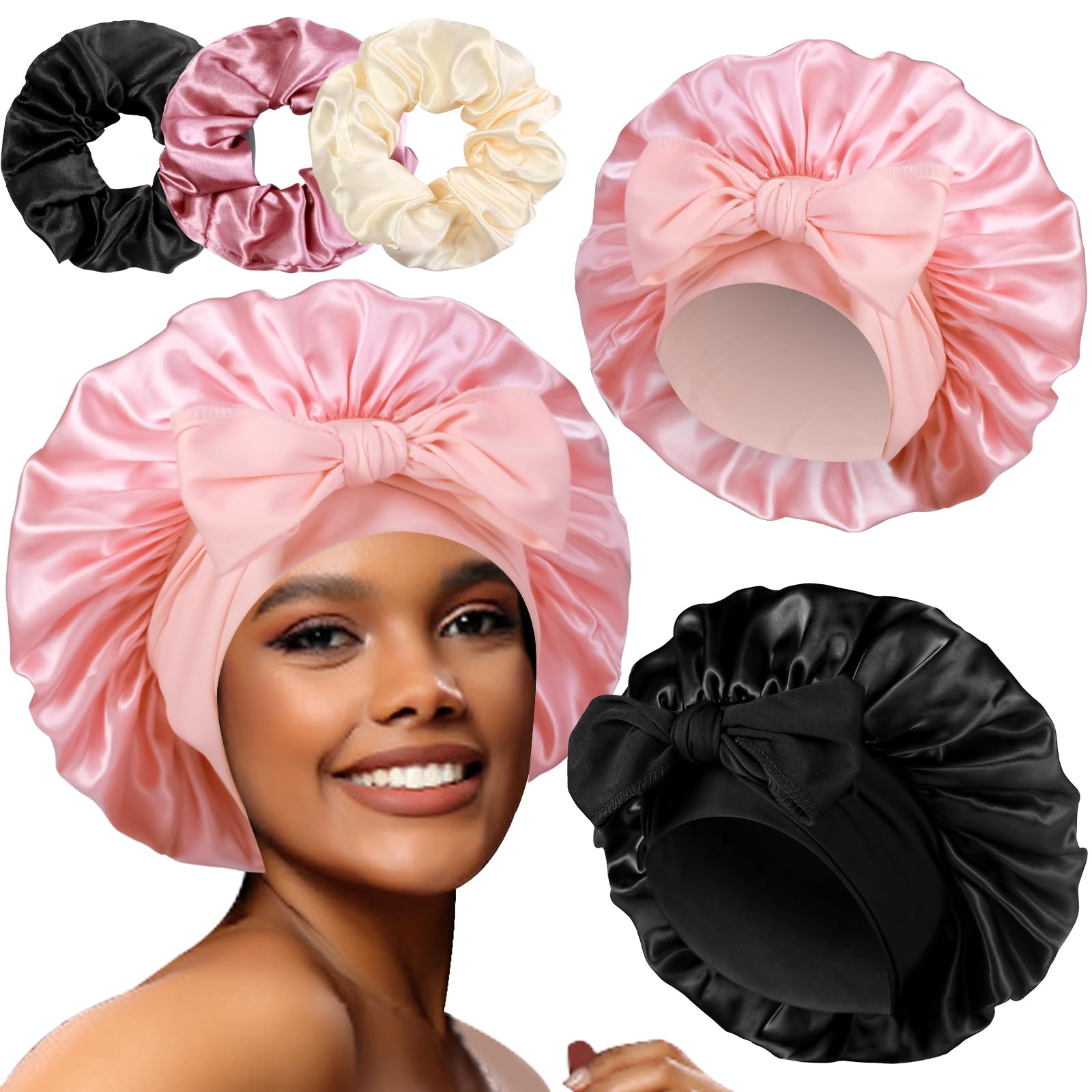 2+3 Large Satin Bonnets with Scrunchies for Women, Hair Bonnet Sleeping Tie Bonnet for Braids Curly Hair