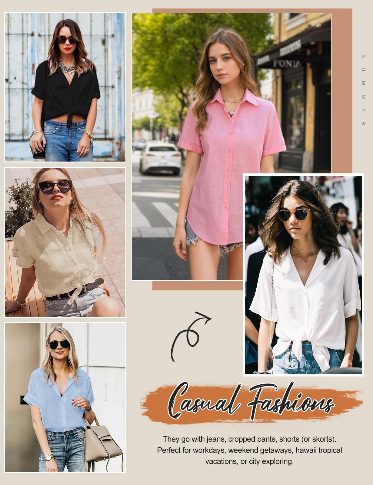 UMIPUBO Camicia Donna Cotone Estiva Elegante Manica Corta Scollo a V con Chiusura a Bottoni Versatile Casual Lavoro Morbida Traspirante Camicetta Top