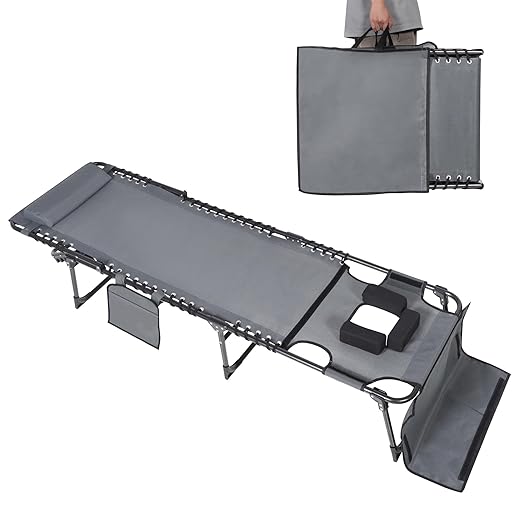 MUPATER Patio Chaise Lounge Chair for Outdoor with Face Hole, 4-Fold Ajustbale Backrest, Removable Pillow and Detachable Pocket, Portable Sun Lounger Recliner for Beach, Camping and Pool, Grey