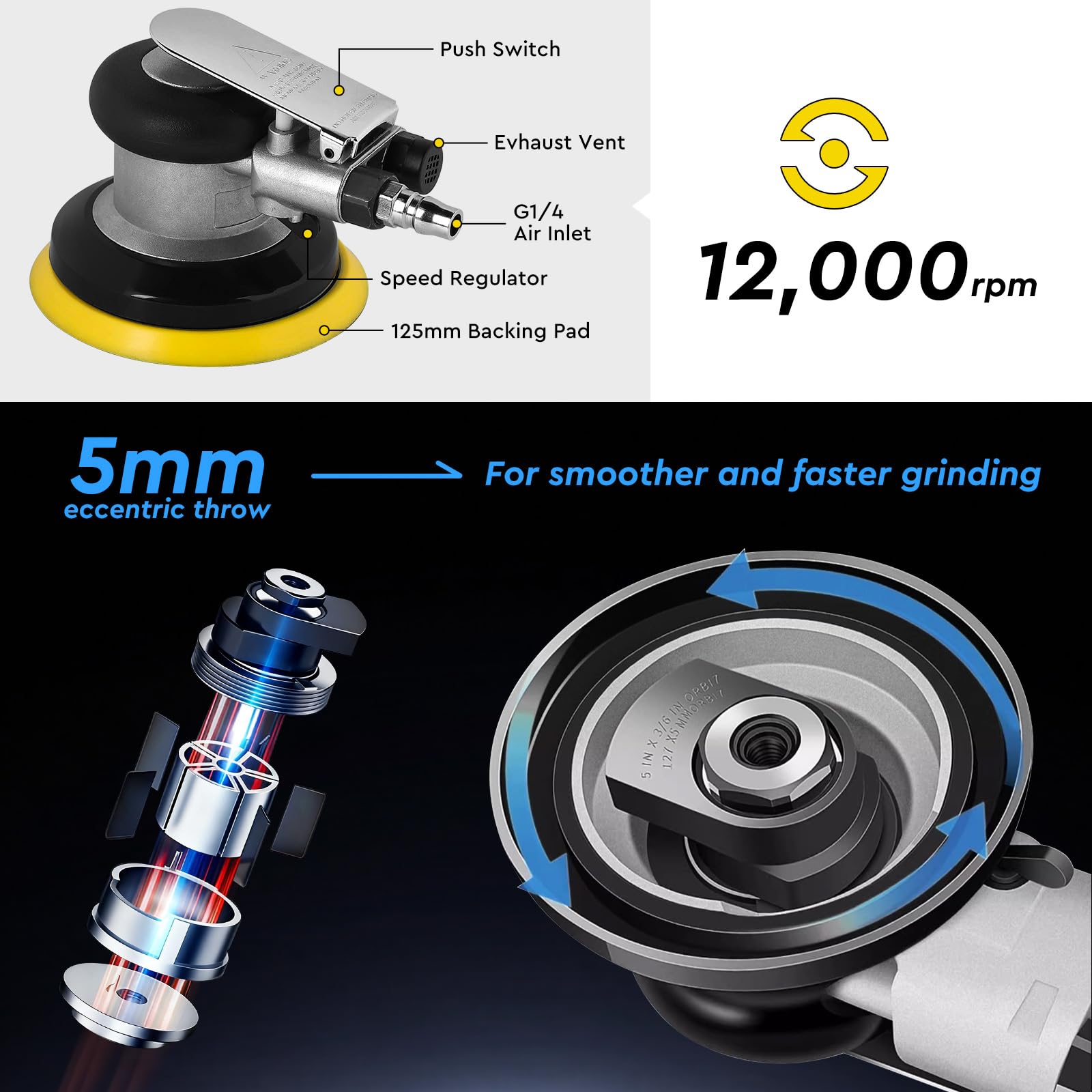 SWAWIS 125mm Lijadora Orbital Neumática, 12000RPM, Excentricidad 5 mm, Accesorios Completos, Lijadora Excéntrica de Aire Comprimido para Lijar y Pulir Superficies de Automóviles Madera y Metal