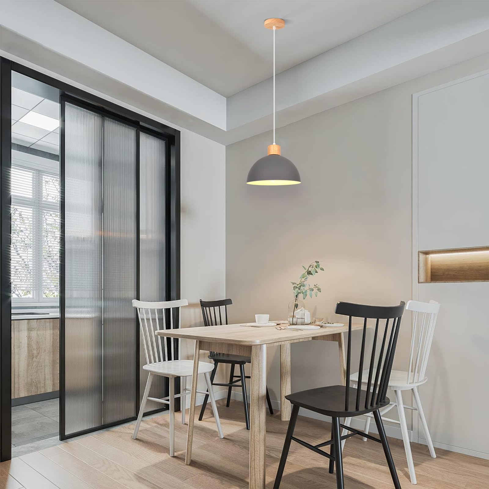 iDEGU 25cm Retro Pendant Light E27 LED Ceiling Light Modern Scandinavian Style Hemisphere Hanging Lampshade Metal Wood Pendant Light Fixture for Bedroom Dining Room Kitchen Restaurant (Grey) - Image 2