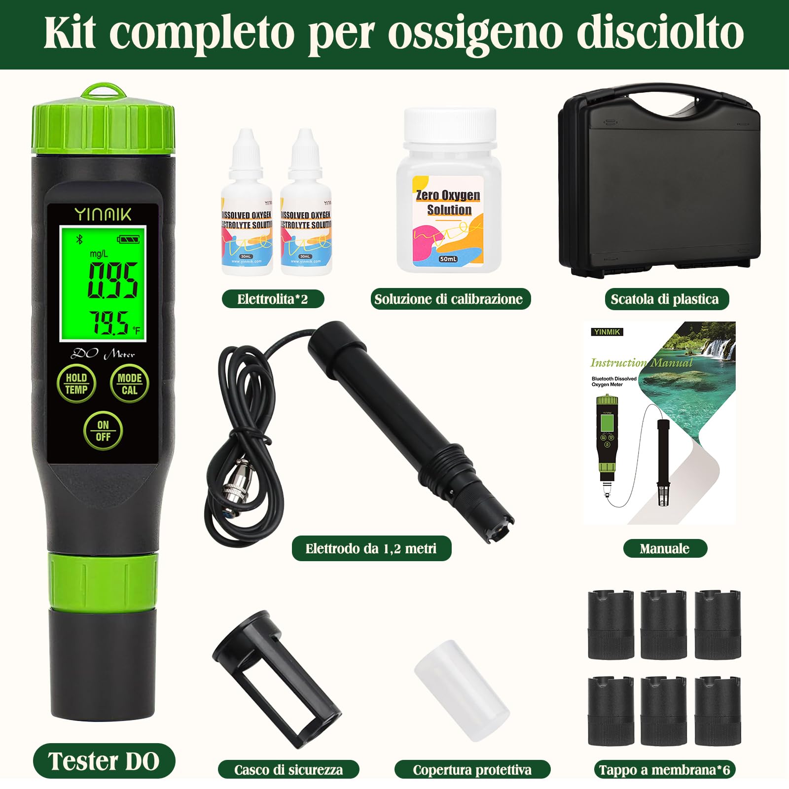 Misuratore di ossigeno disciolto YINMIK, misuratore di ossigeno portatile per laghetti, kit di test dell'ossigeno per acquaponica, tester di ossigeno digitale per acquari, vasche per pesci, idroponic