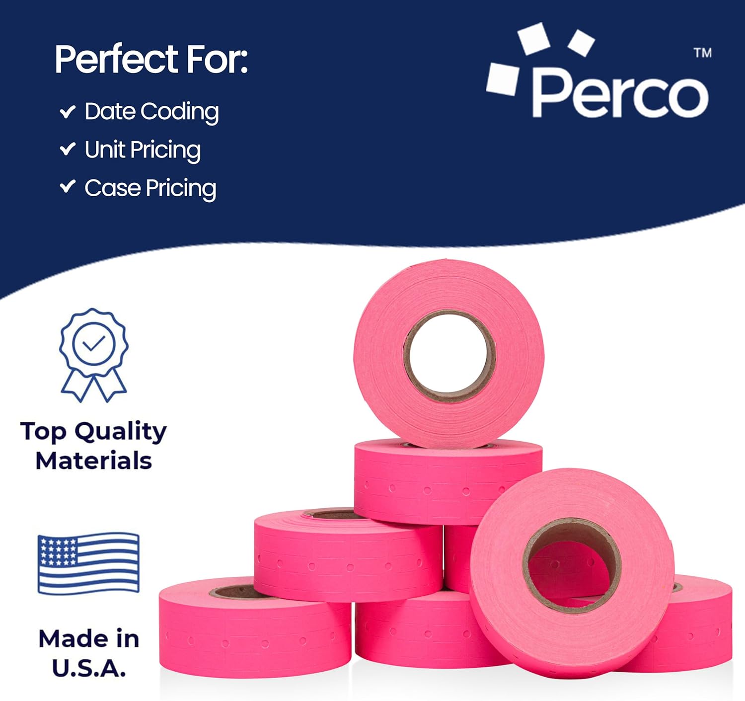 Perco 1 Line Fluorescent Pink Labels - 32 Rolls, 4 Sleeves, 32,000 Blank Price and Date Gun Labels for Perco Lite, X, Plus and Pro 1 Line Price and Date Guns - Made in USA