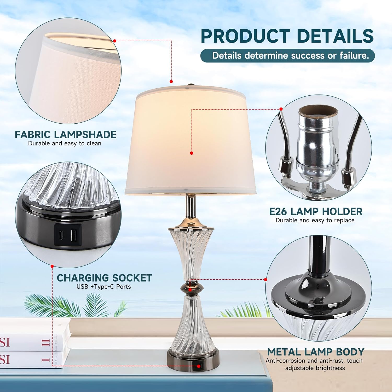 Terpsichore Touch Dimmable Table Lamps Modern Glass Table Lamp LED Lights Coastal Light USB Powered Desk Lights Bedside Crystal Lamps Nightstand Lamp Set of 2 & Outlets for Bedroom, Living Room