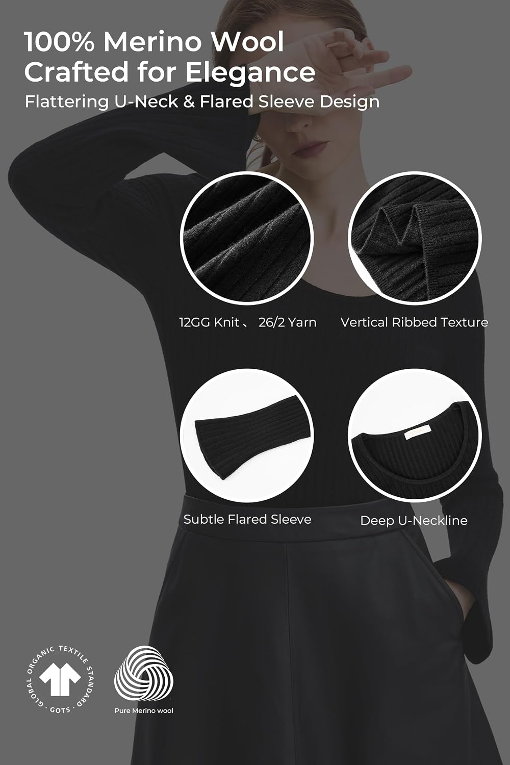 Pullover Sweater for Women - Large U Neck Bell Sleeves Knit Top image 5