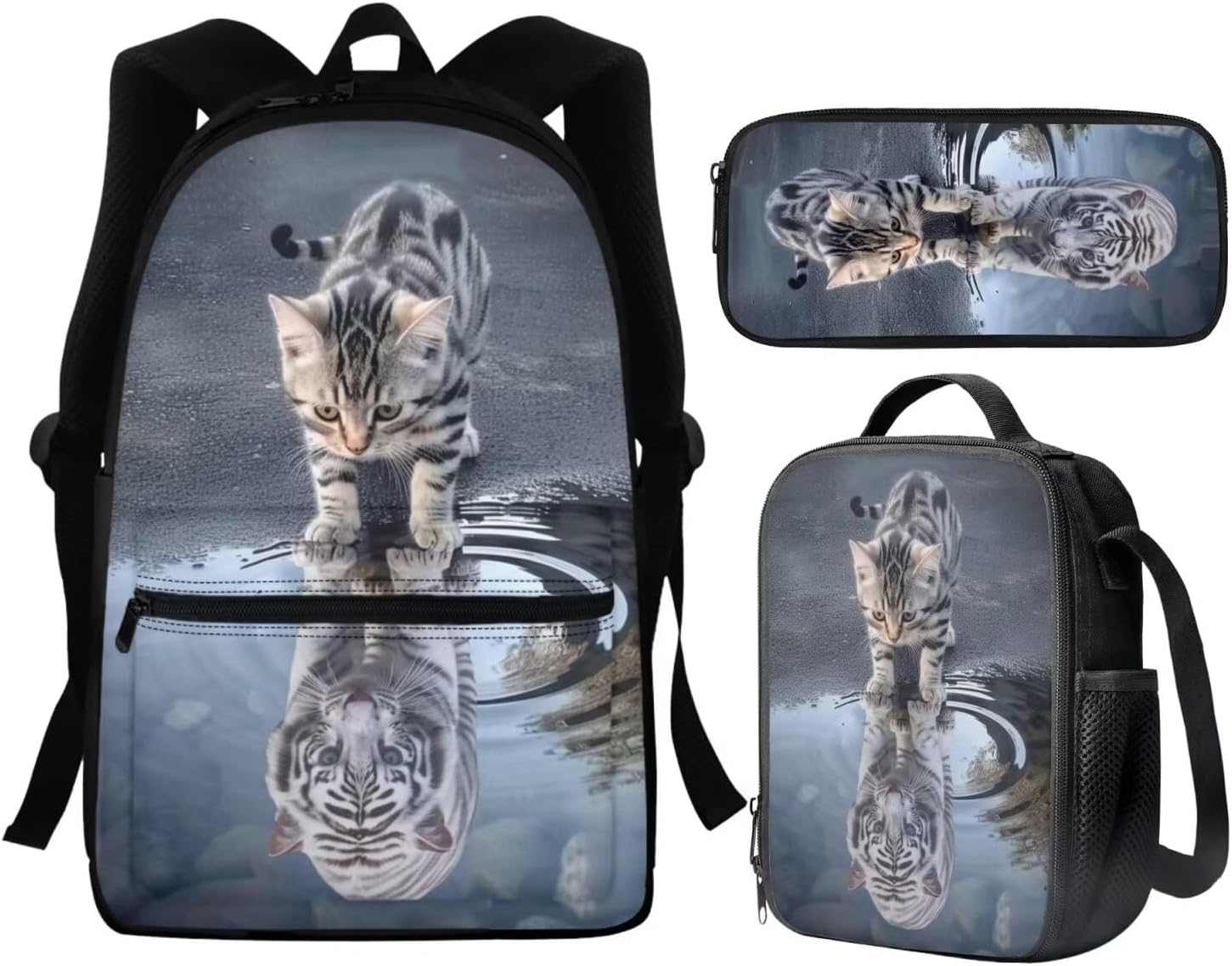 Cat Tiger School Bag Backpack with Lunch Box Pencil Case for Elementary School Boys Girls Bookbag Insulated Lunch Bag Pencil Box Middle High School Back Packs Satchel Travel Daypack