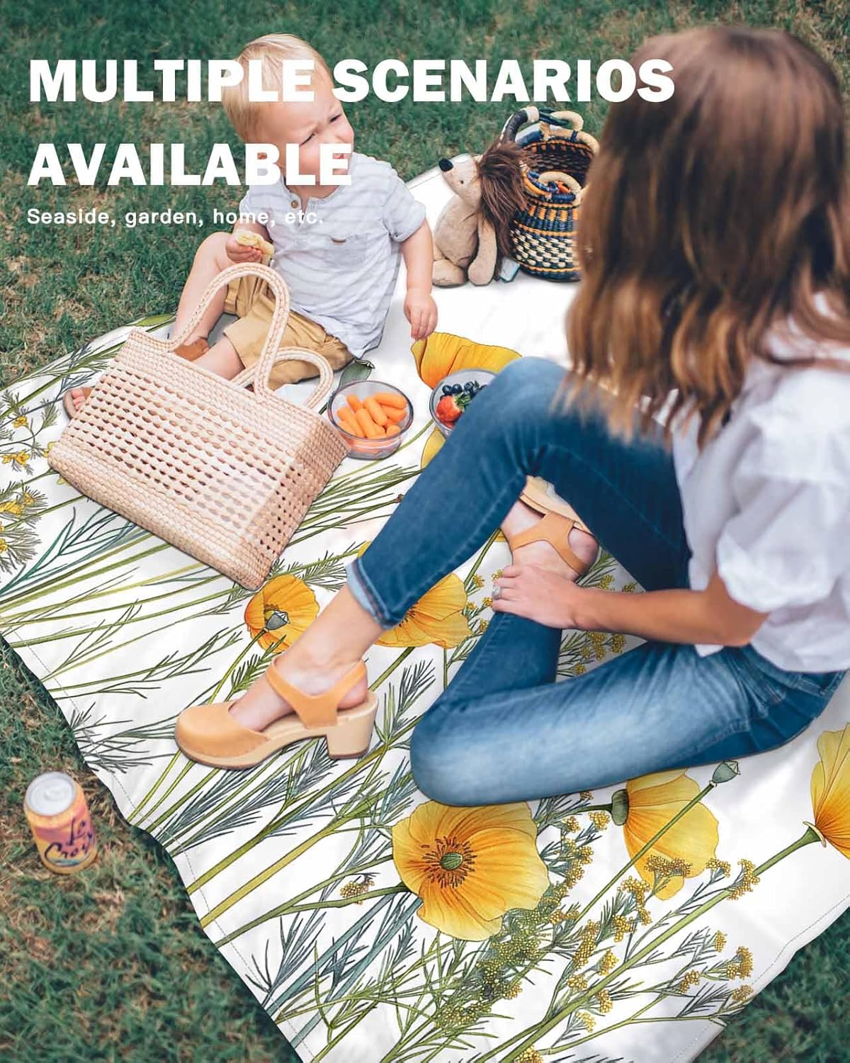 Yellow Blossom Poppy Flower Leaves Beach Blanket Waterproof Sandproof Outdoor Picnic Mat 95"x80" Watercolor Plant on White Lightweight Large Beach Blankets with 4 Stake & 4 Corner Pockets