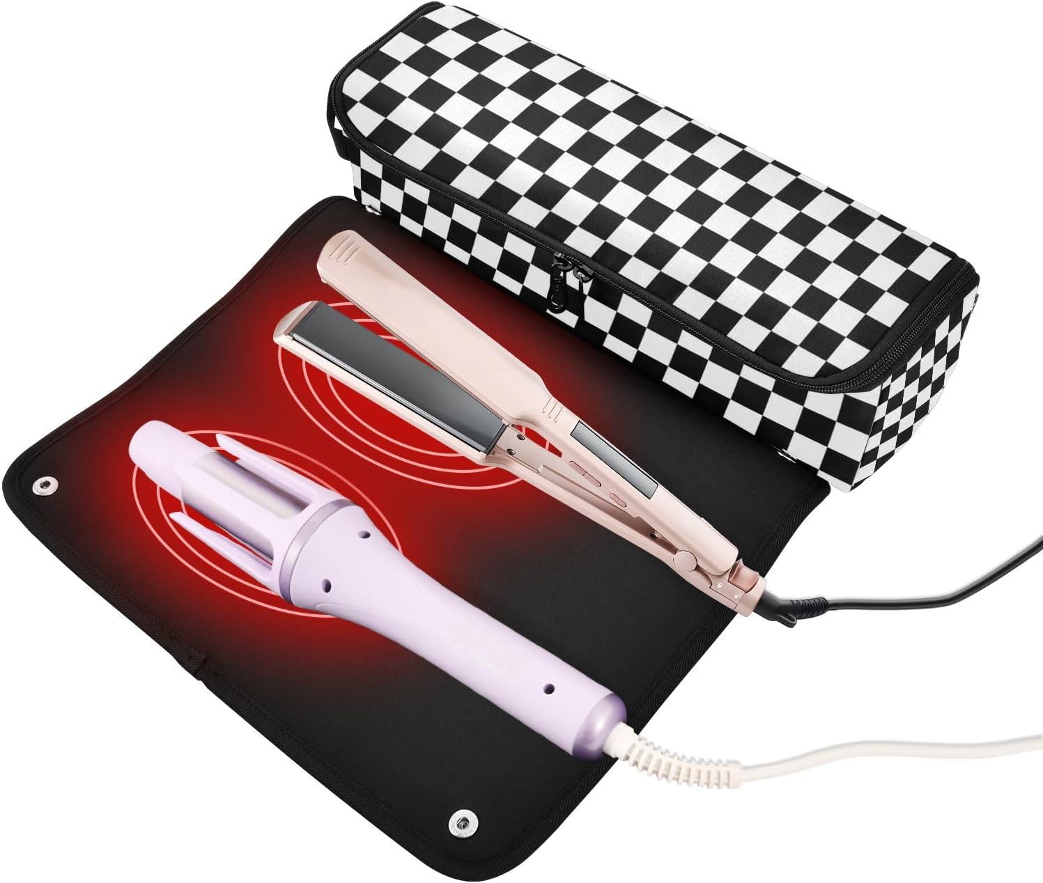 Checkered Black and White Hair Tools Travel Bag with Heat Resistant Mat Detachable 2-in-1 Curling Iron Travel Case Hot Tools Organizer for Straightener Flat Iron