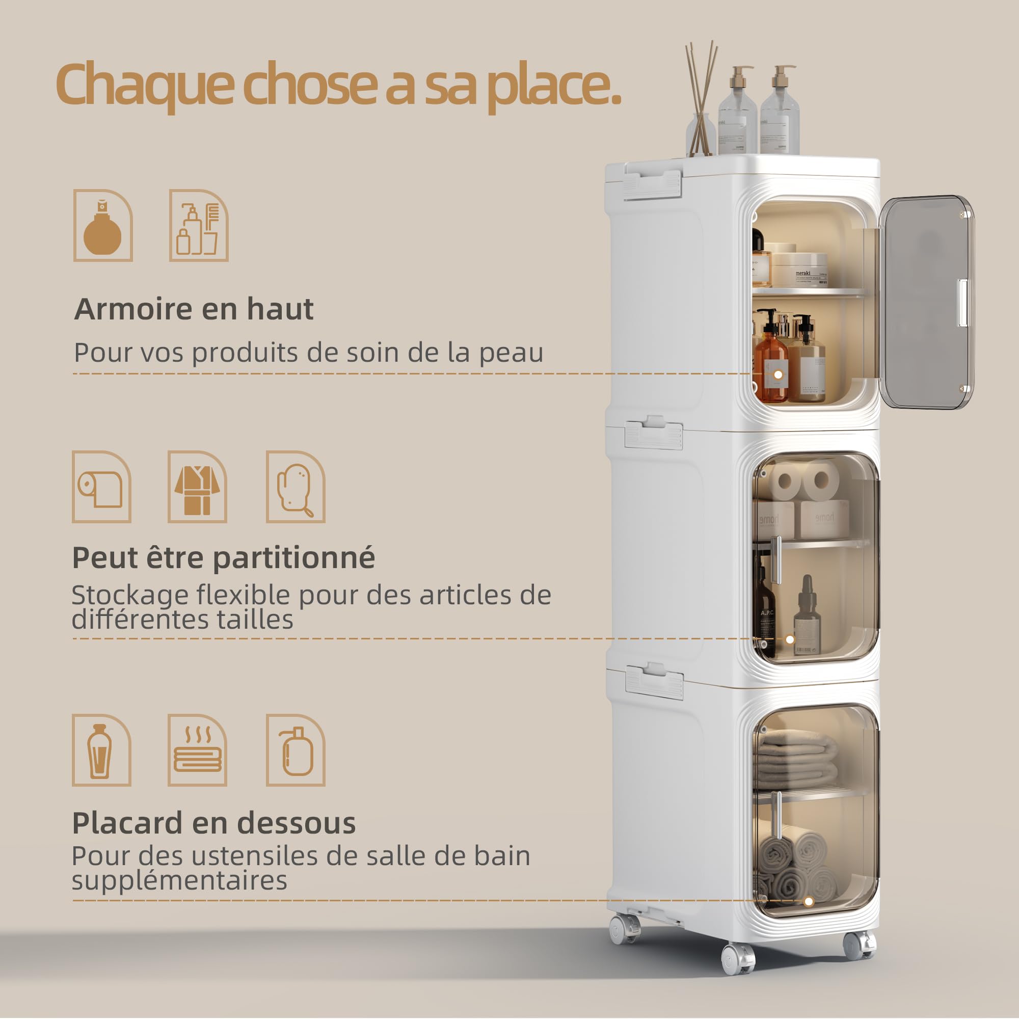 NETEL 3 Niveaux Boite Rangement Plastique，Colonne salle de bain avec séparateurs amovibles，Meuble de Rangement pour Toilette, rangement wc etroit， 20 x 33 x 97 cm, Blanc