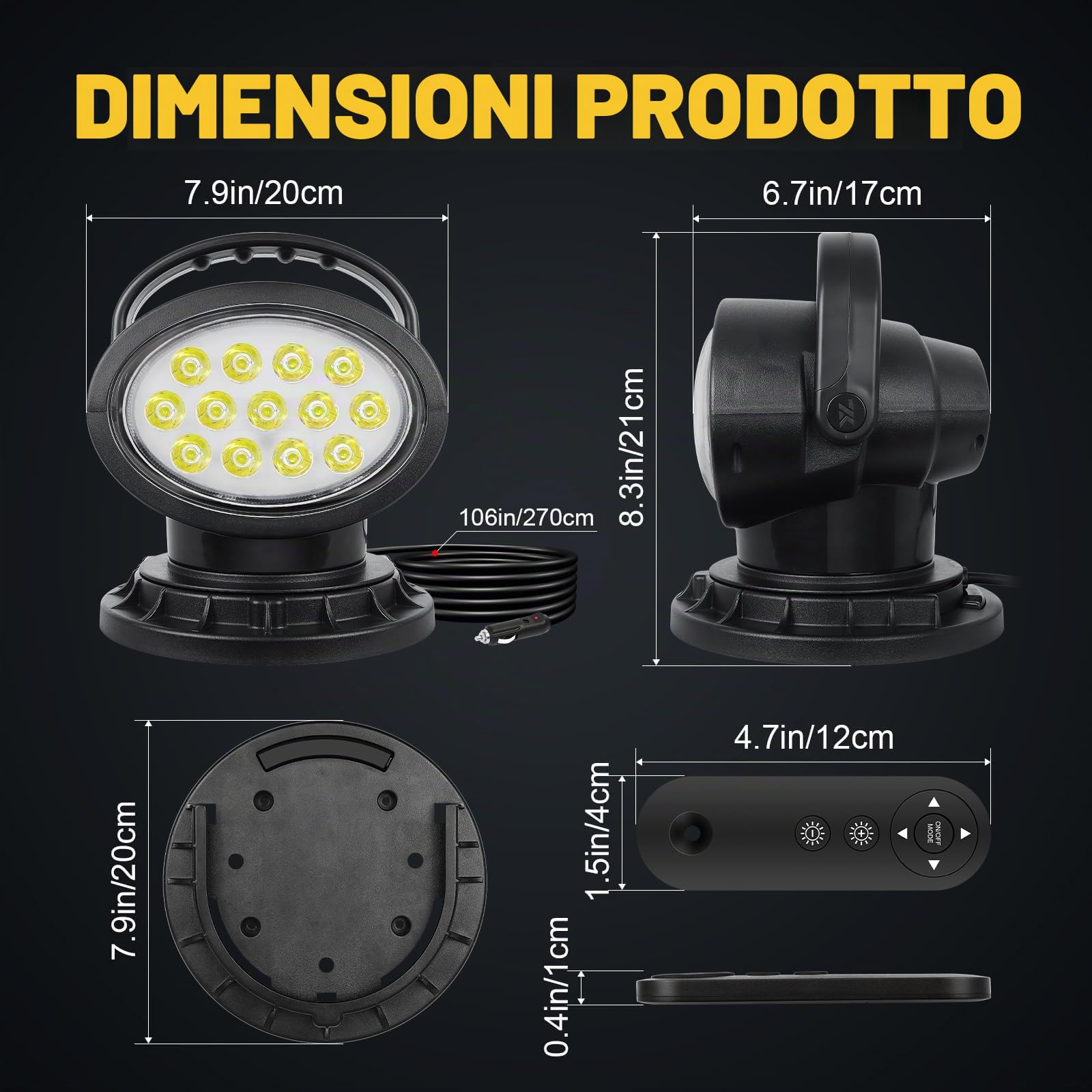 Willpower Faro da Ricerca LED Luce da Lavoro, Spotlight 39W Telecomandato con Base Magnetico Rotazione 360° Luci da Ricerc Lampada per Auto Fuoristrada Camion Barca 4x4, 12V 24V Fari di Profondità