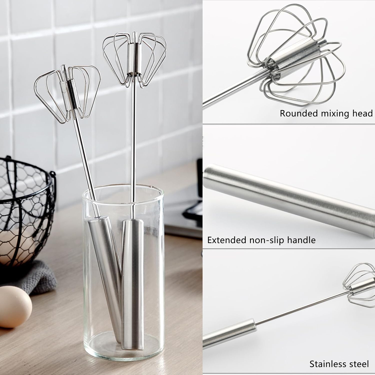 2 Pieces Manual Rotating Whisk Stainless Steel Semi-Automatic Whisk Sauce Whisk for Baking, Whisking, Beating, Mixing, Kitchen Utensils