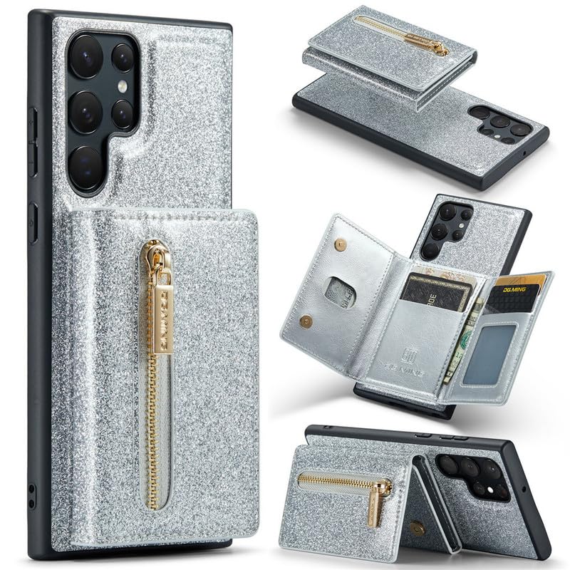 Galaxy Z Fold 5 etui ochronne 【brokatowe, 2 w 1, zdejmowane, funkcja stojaka】 Magnetyczna kieszeń portmonetka Back Case Cover etui z portfelem do Samsung Galaxy Z Fold 5 - srebrne