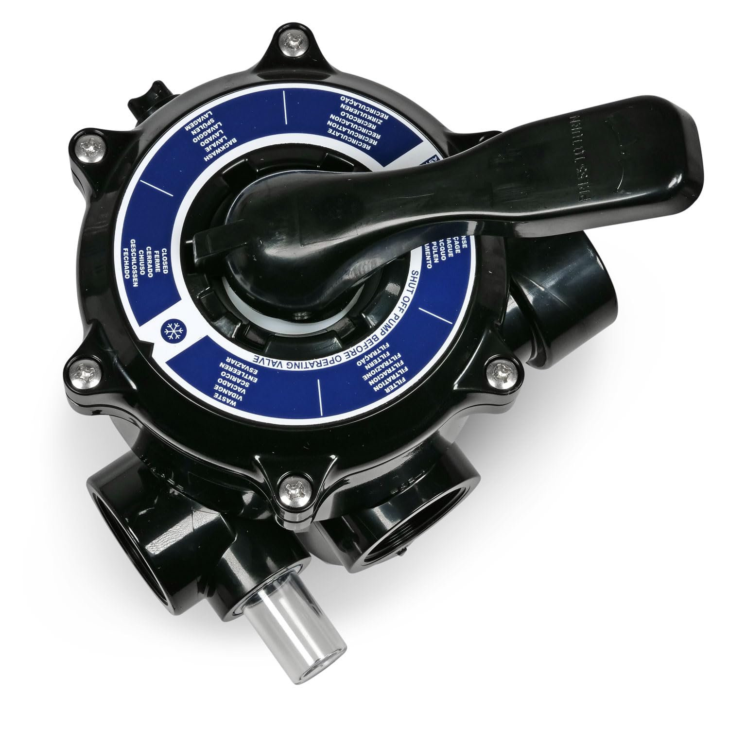 Astral Pool 1 1/2'' Side Mount 6-Wege Ventil schwarz - Mit Anschlussverrohrung und Schauglas - ABS Gehäuse mit PPO Verteiler und EPDM Dichtungen - Für Sandfilteranlagen