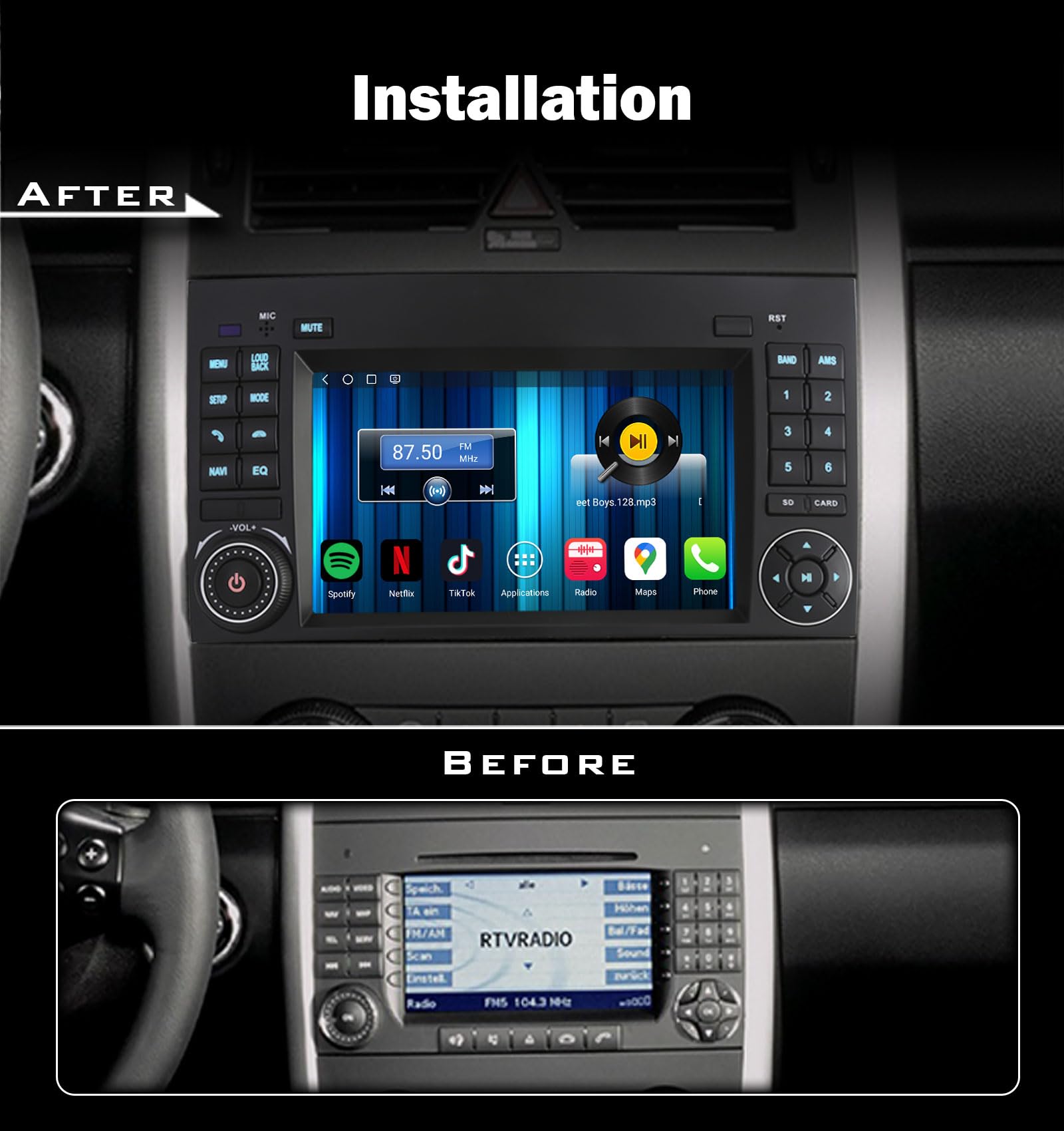 Erisin 4GO 64GO Snapdragon CPU Android 14 Autoradio Navigateur GPS pour Mercedes Classe A W169 Classe B W245 Sprinter Viano VW Crafter sans Fil Carplay WiFi DSP Bluetooth 5.1 Canbus SWC Écran Tactile