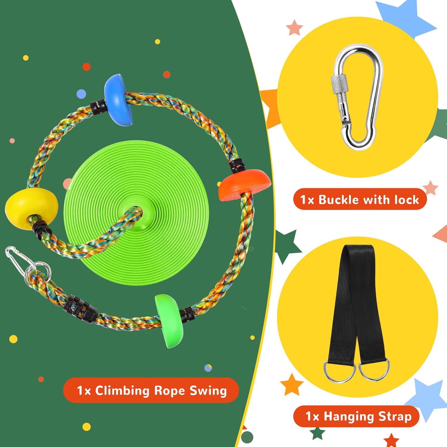 Tree Swing for Kids,Heavy Duty Single Disc Seat Climbing Rope Set with Hanging Strap and Platform Carabiners for Backyard Treehouse and Outdoor Playground Accessories(Leaf Green)