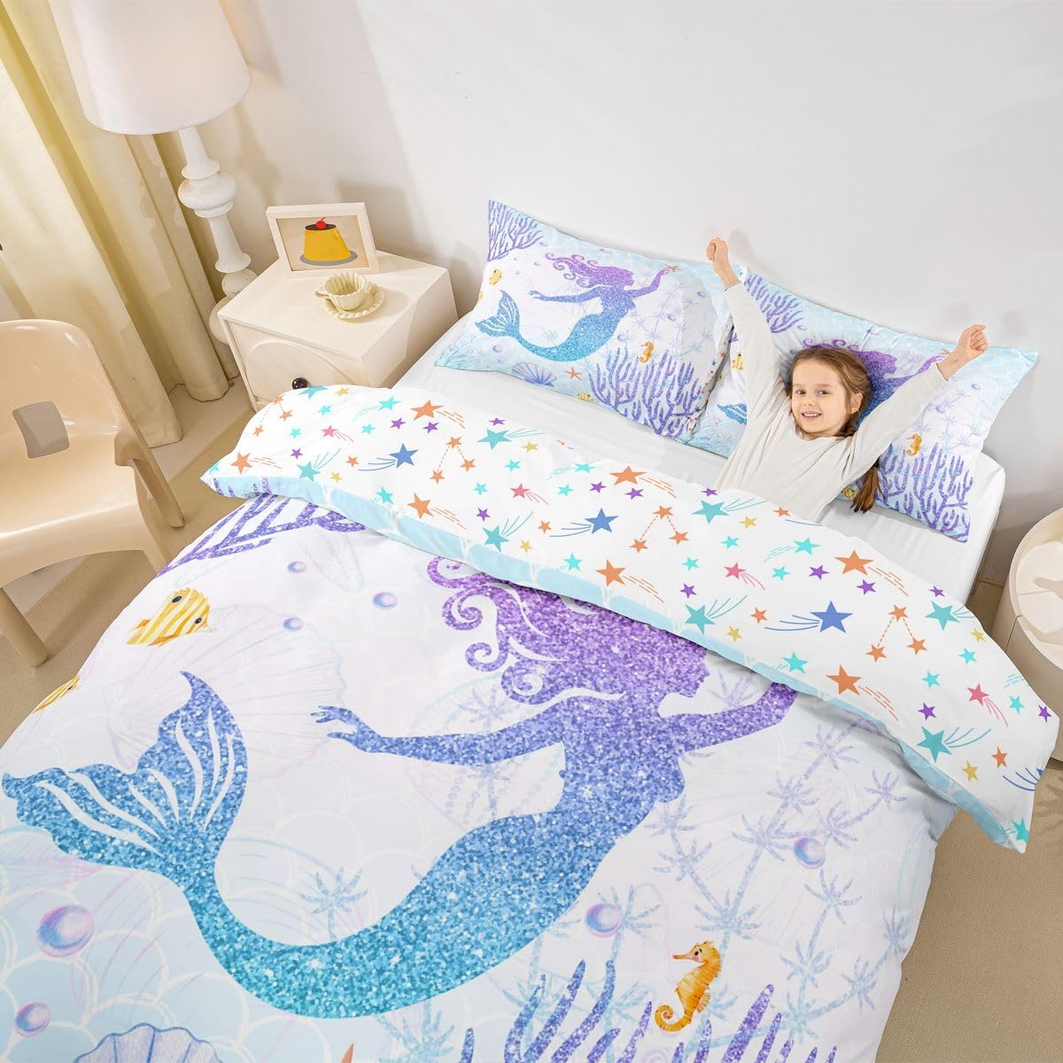 Castle Fairy Mermaid Duvet Cover Set King Size Rainbow Watercolor Glitter Bedding Set for Kids Girls Women Teens Room Decor, Mermaid Fish Scale Comforter Cover Ocean Coral Shell Quilt Cover 3pcs