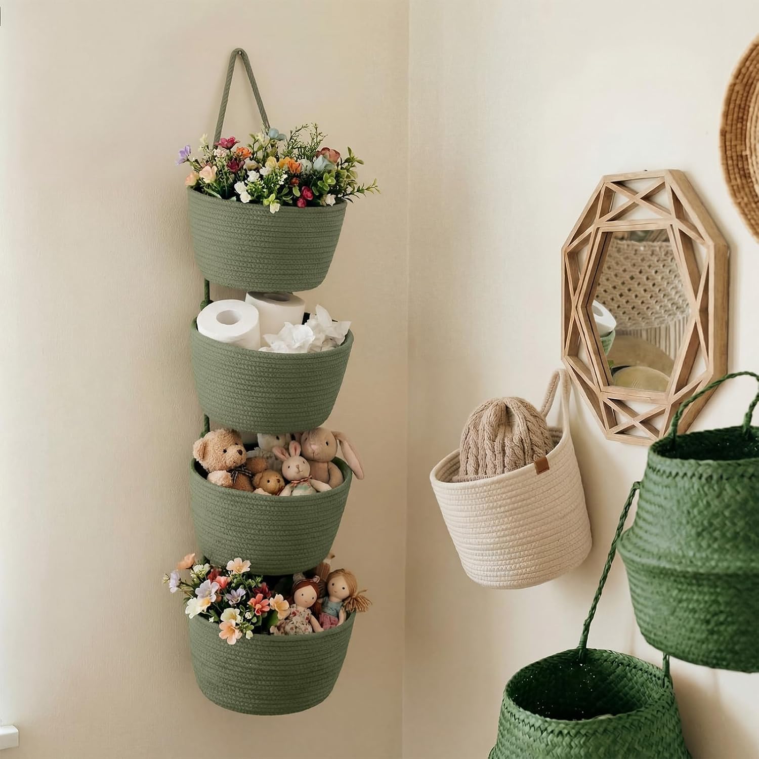 Mifoci 4 Tier Sage Green Over the Door Hanging Basket, 51" Cotton Rope Organizer with Hooks, Boho Wall Mounted Storage Organizer with Hooks for Bedroom Nursery Bathroom Apartments Dorm Pantry Decor