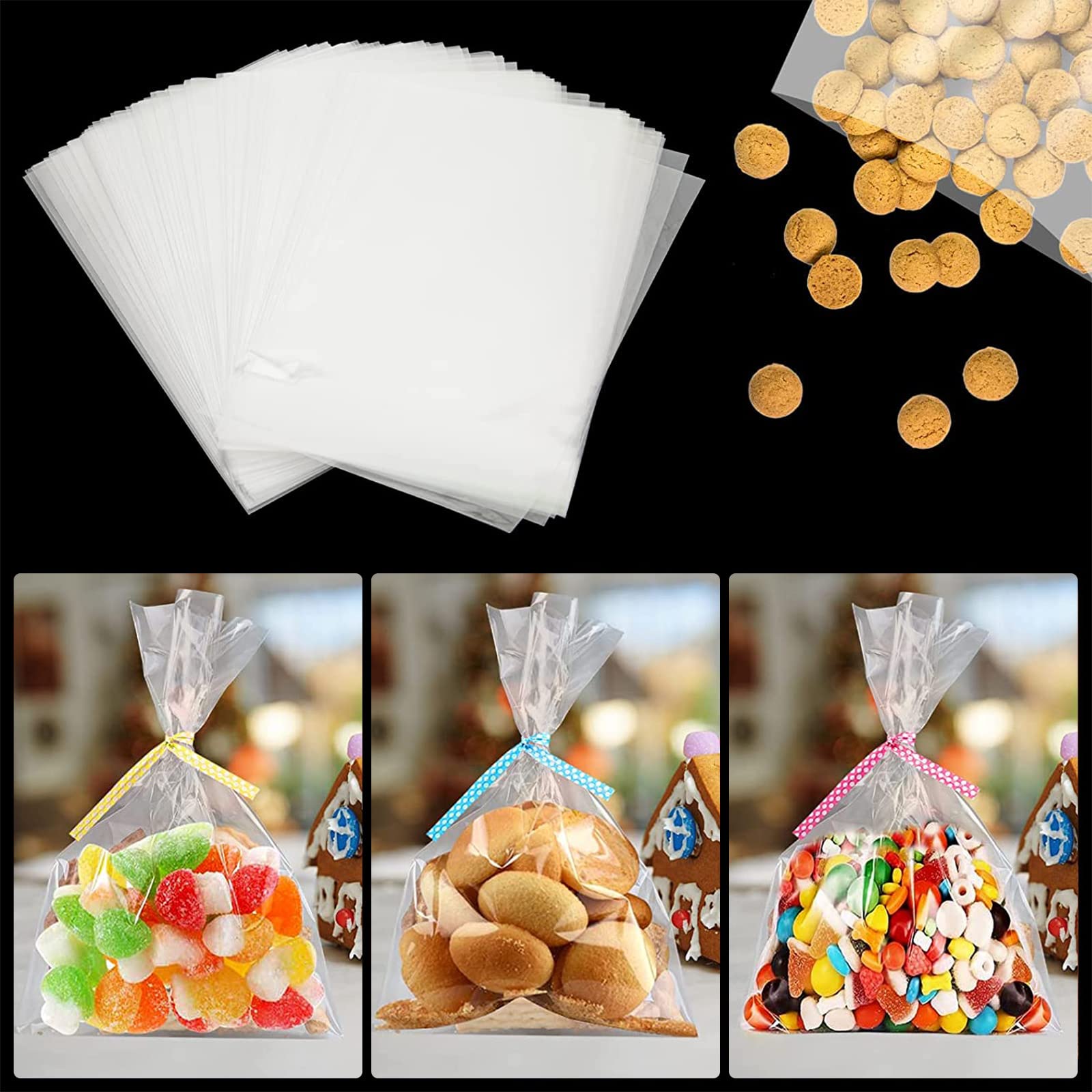 Sachets Alimentaires Noel Lot De 100 Sacs à Bonbons De Noël En Cellophane Transparent Avec 200 Sac Plastique Noel