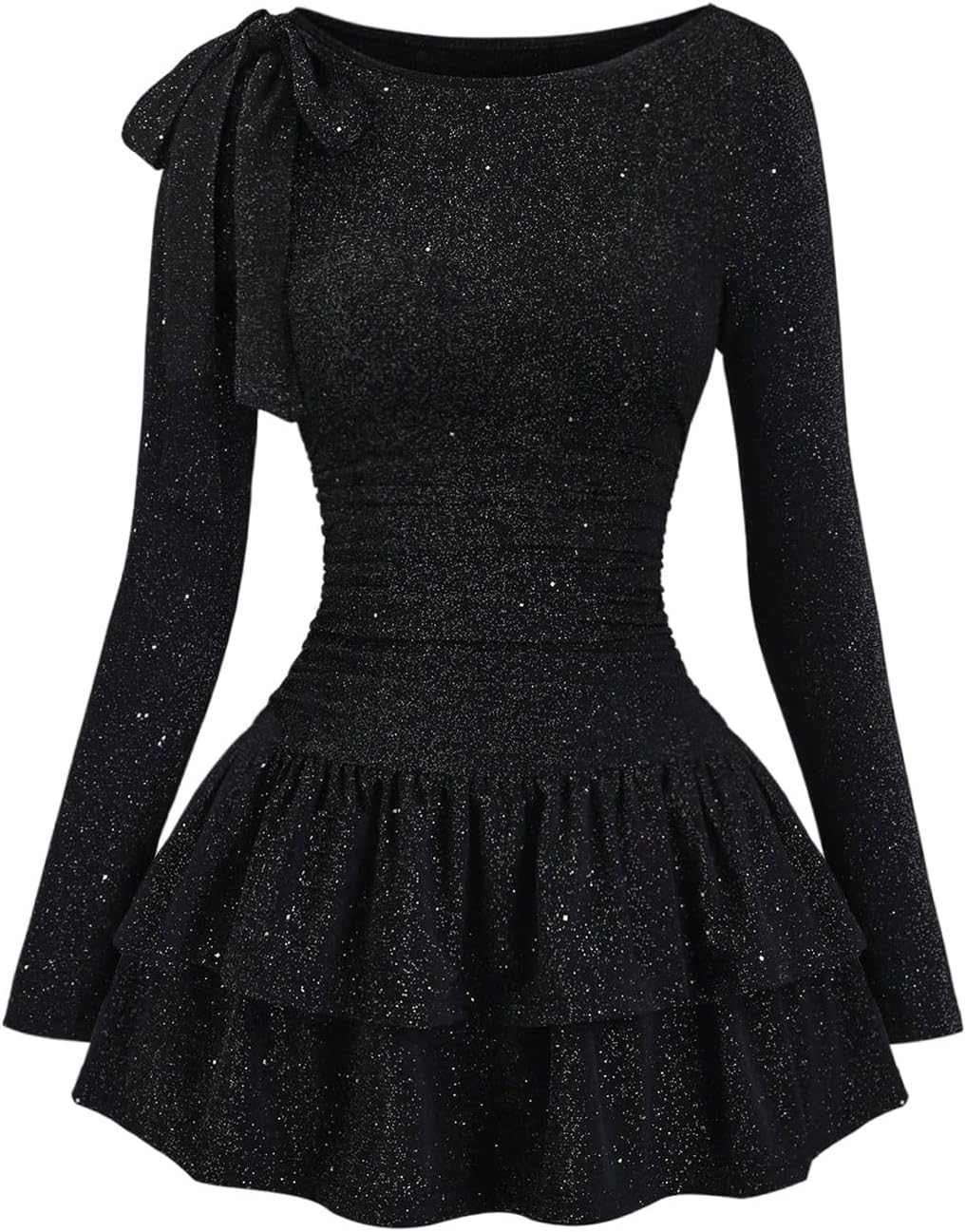 GORGLITTER Women's Sparkly Mini Dress Sexy Birthday Bow Long Sleeve Ruffle Glitter Sequin A Line Party Short Dresses