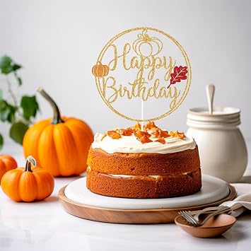 Gold Glitter Pumpkin Happy Birthday Cake Topper, Fall Leaves Pie Autumn Cake Decor, Pumpkin Themed Birthday Party Decorations Supplies