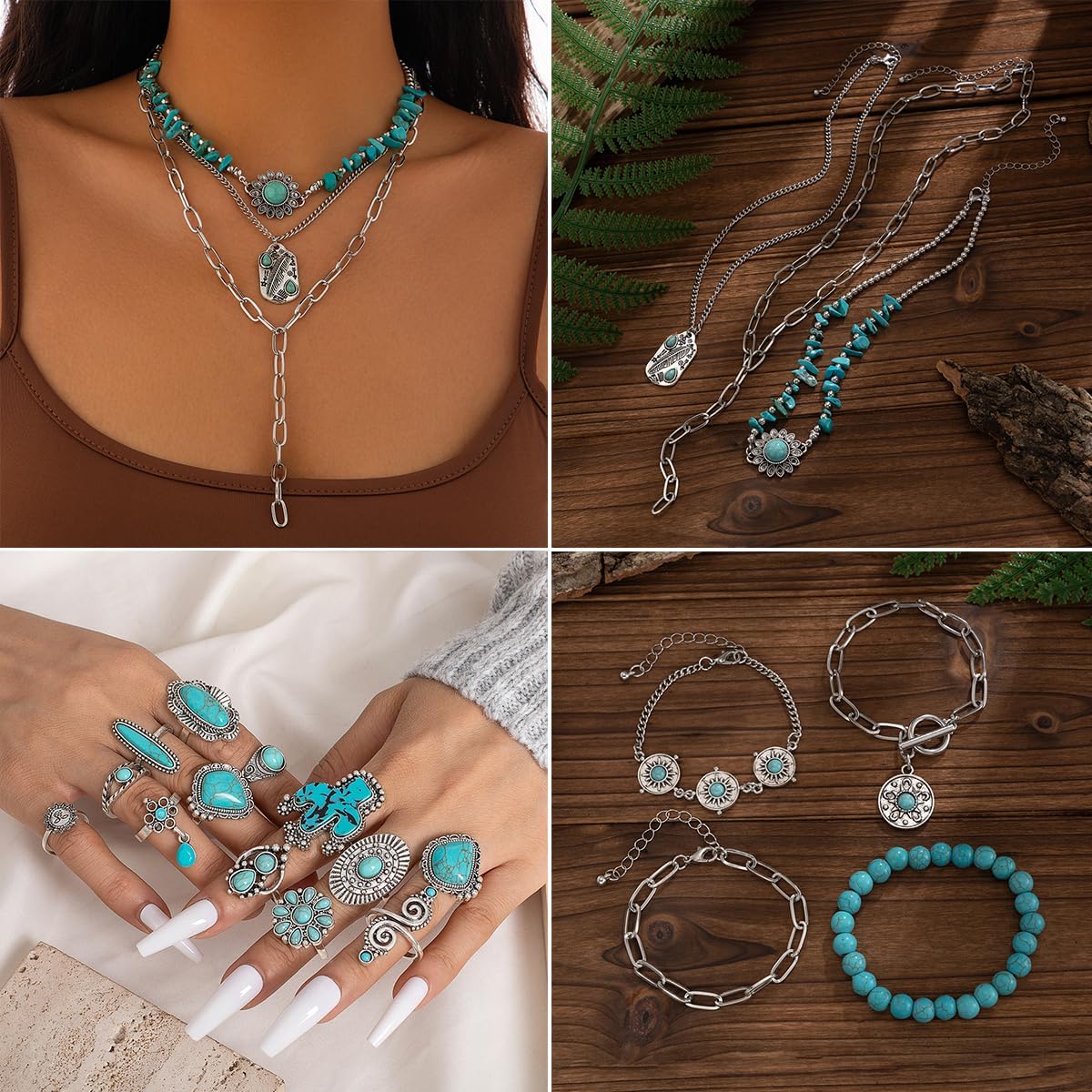 16 Pcs Western Jewelry for Women Bohemian Set, Boho Pendant Long Choker, Faux Leather Layered Bracelet, Hoop Earrings Rings set - Image 4