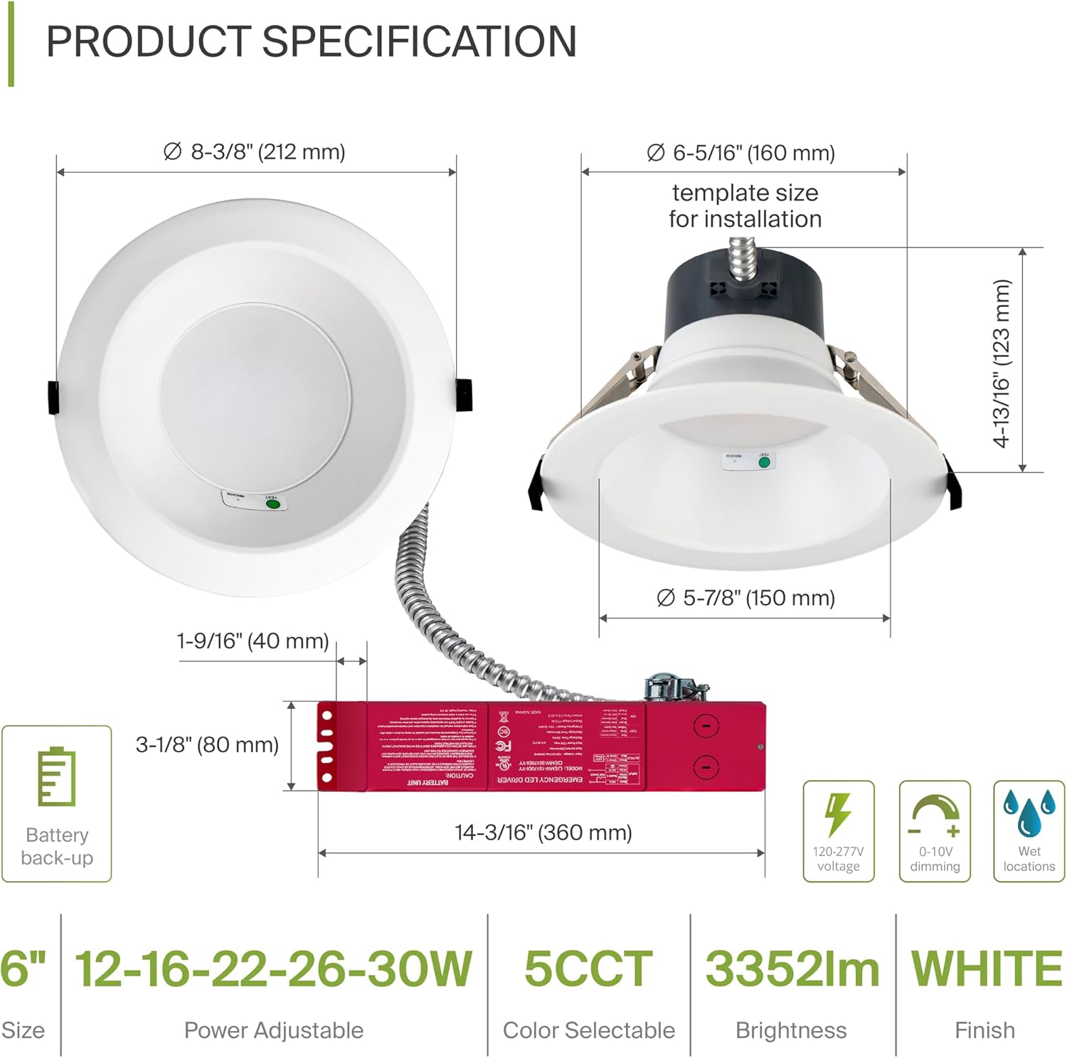 ASD Commercial LED Downlight 6 Inch with Emergency Battery Backup 15W, Power Adjustable Downlights 12/16/22/26/30W, Canless Recessed Lighting 120-277V, 5 CCT 2700K-5000K, Dimmable, IC Rated, White ETL