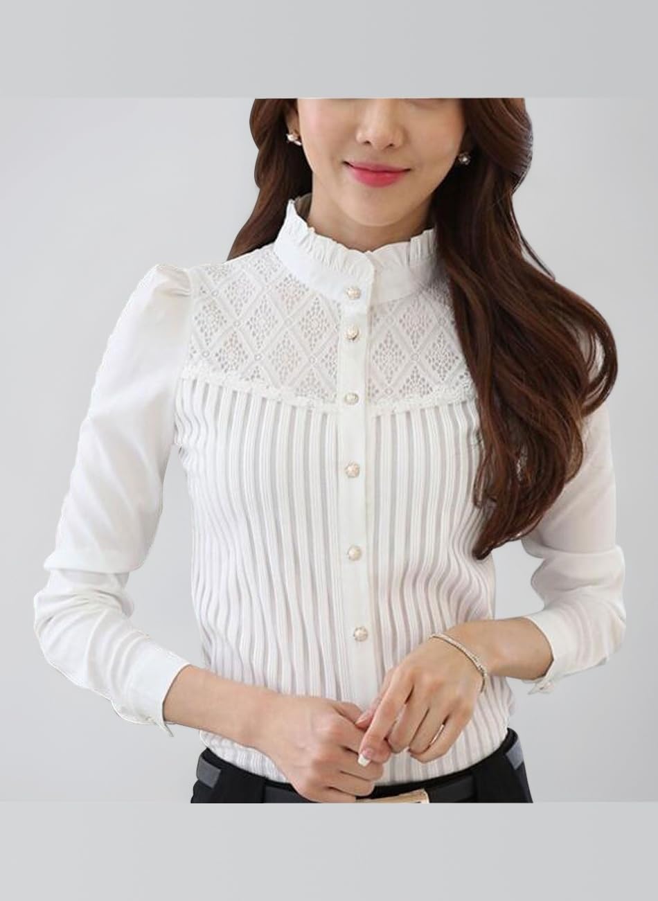 Womens Chiffon Vintage Stand Collar Button Down Shirt Long Sleeve Lace Blouse with Stretch