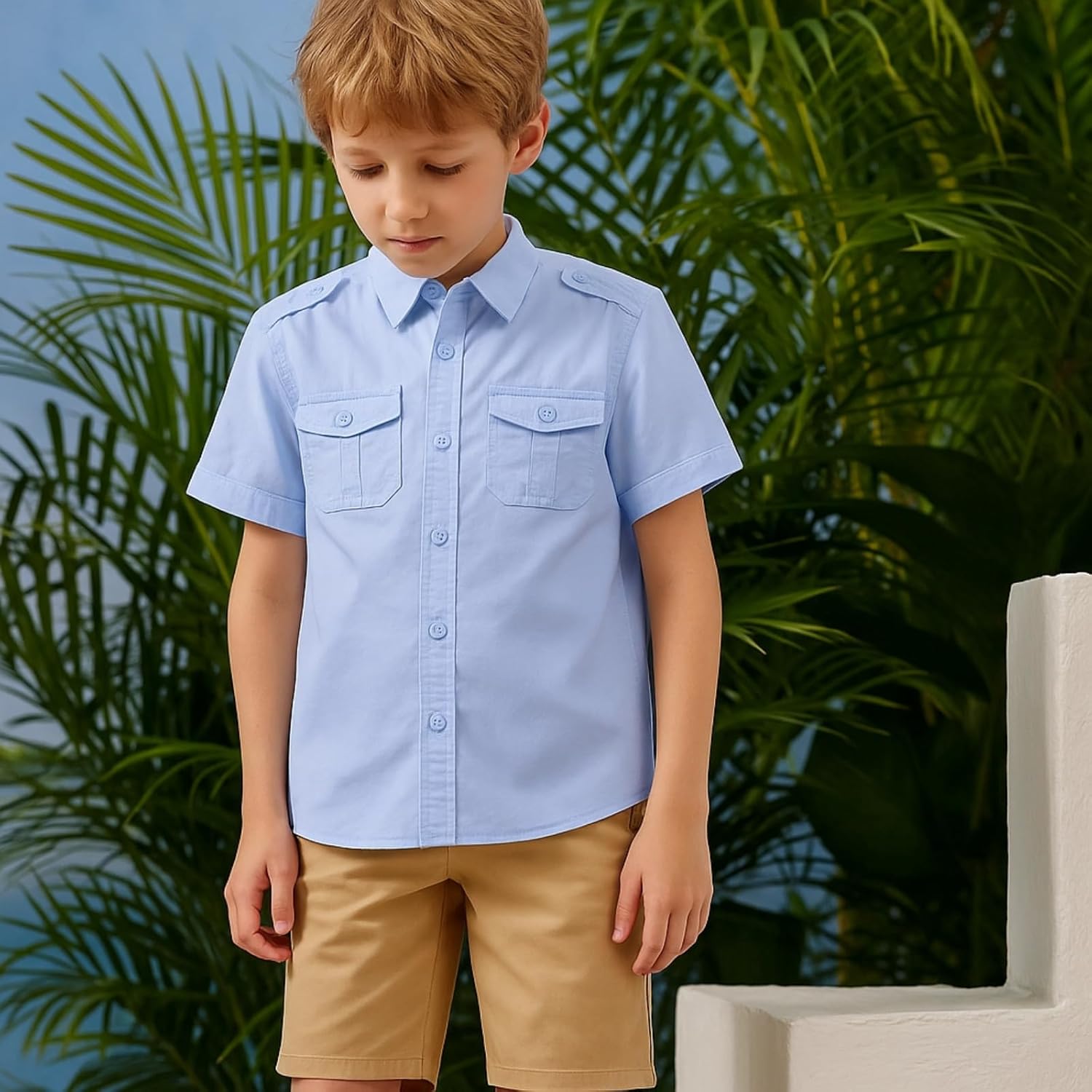 Boys Mens Short Sleeve Button Down Shirt Casual Cotton Collared Dress Top Two Pocket 12Months-XXL - Image 3
