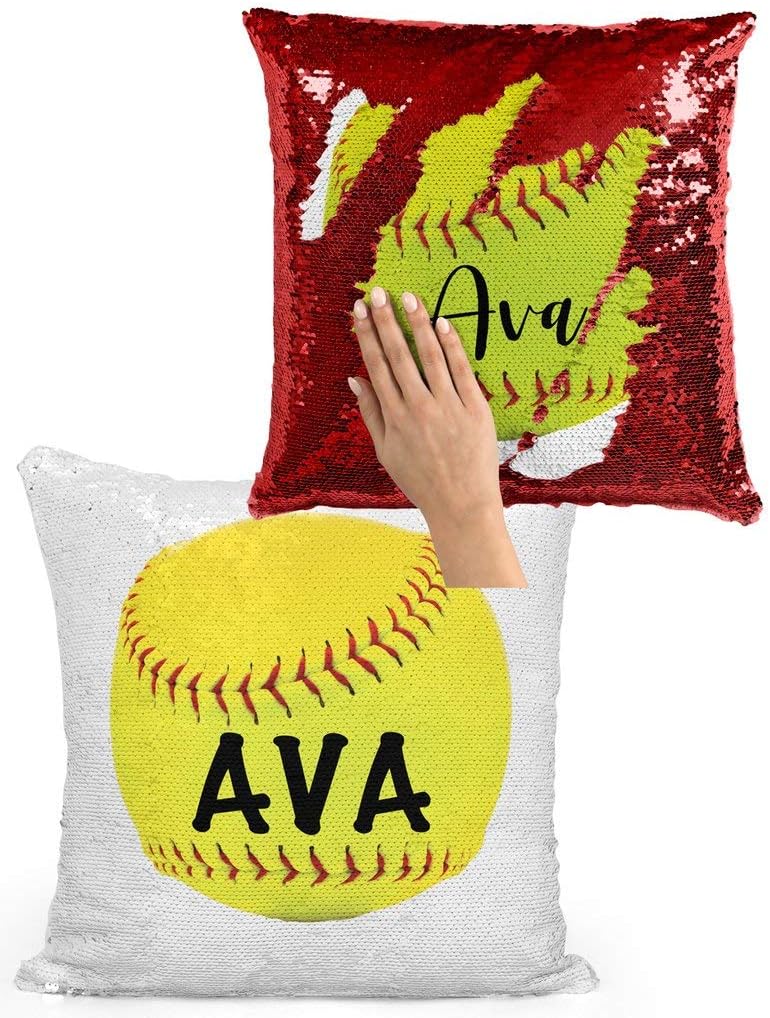 Violet Victoria & Fan Star Personalized Softball Sequin Mermaid Flip Pillow (Silver Sequins)