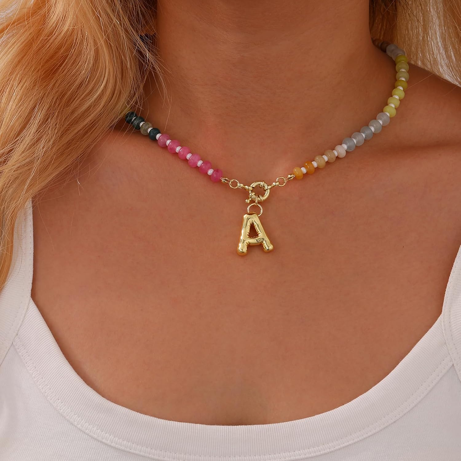 Apsvo Beaded Initial Necklaces for Women, Colorful Bead Gemstone Choker 14K Gold Bubble Letter Pendant Necklace Natural Stone Summer Beach Jewelry Gift