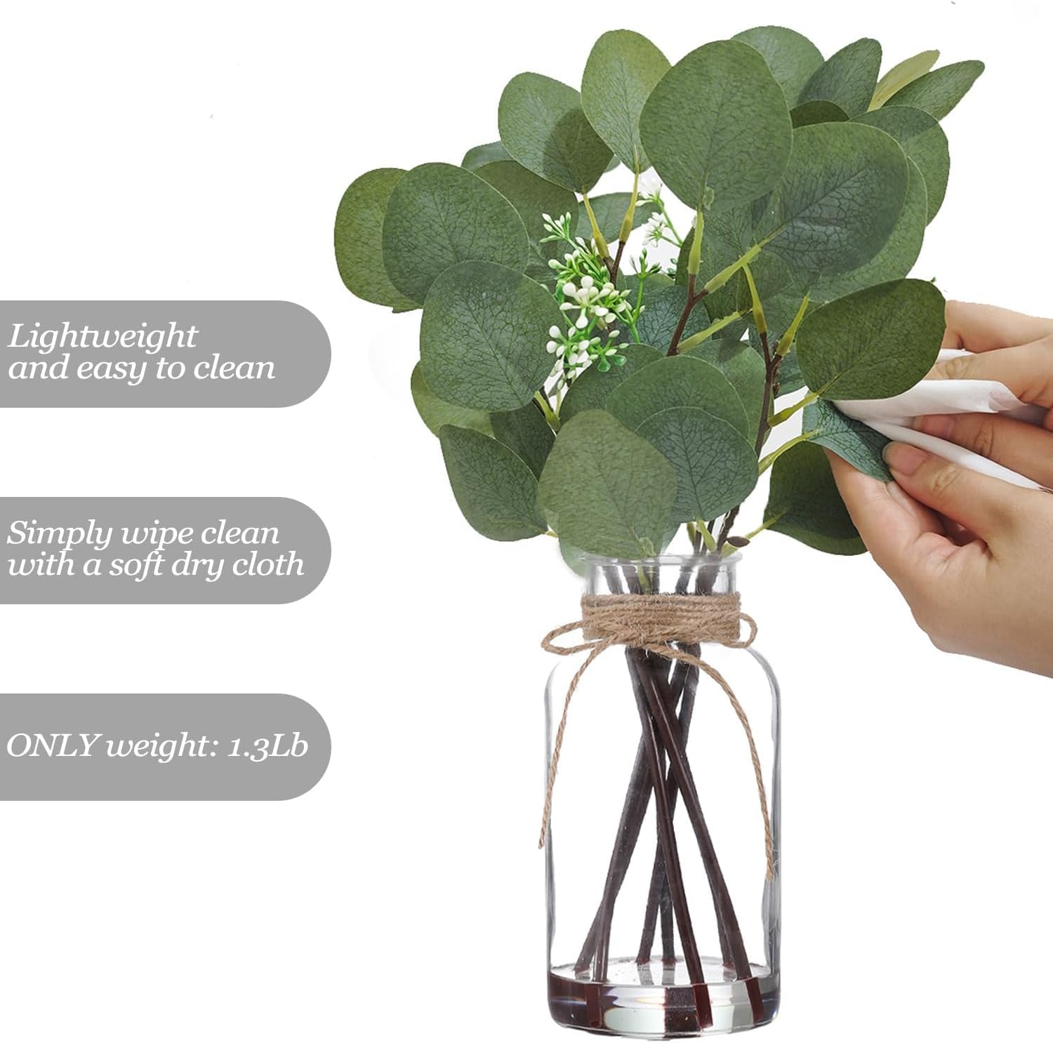 Zhuqing Artificial Eucalyptus Stems in Glass Vase with Faux Water, 14" Fake Plant Eucalyptus Leaves for Home Bathroom Office Farmhouse Wedding Centerpiece Decoration(White Green) - Image 4