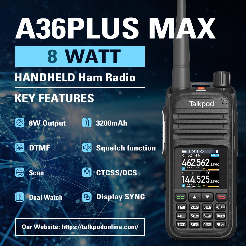 Talkpod A36Plus Max Ham Radio Handheld, Airband Receiving and Scanning, Dual Band Long Range Two Way Radios with 3200mAh Rechargeable Battery, 1.44 inch Color Screen-2Pack (Black)