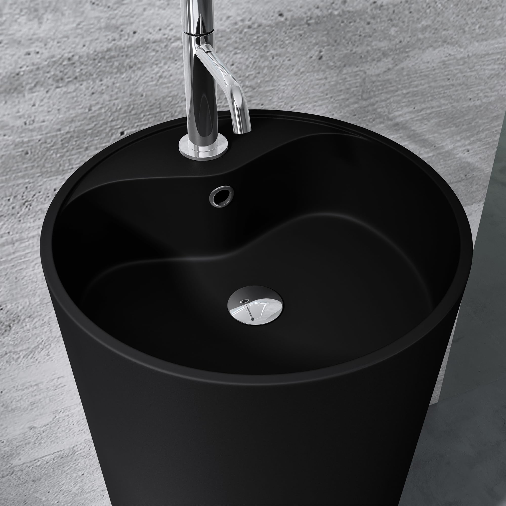 Mai & Mai Lave Mains Colonne Évier Vasque sur Pied 45x45x90cm en Résine De Synthèse Noir Mat Rond Avec Perçage Pour Robinet Lavabo Avec Trop-Plein À Poser Au Sol Col35