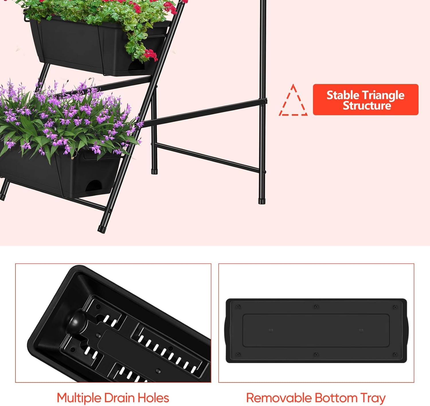 Vertical Garden Planter 5 Tiers Raised Garden Bed Outdoor Standing Herb Garden Planter with Drainage Holes and Removable Tray Planters for Outdoor Plants Vegetables Flowers Black
