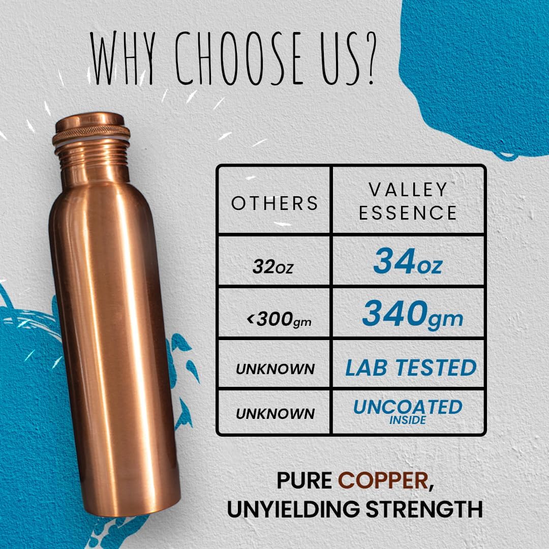 Pure Copper Water Bottle, Premium Ayurvedic, 34 oz Matte Finish, Leak-Proof Lid, 340 gm Durable Design | Eco-Friendly, Natural and Stylish Hydration Solution