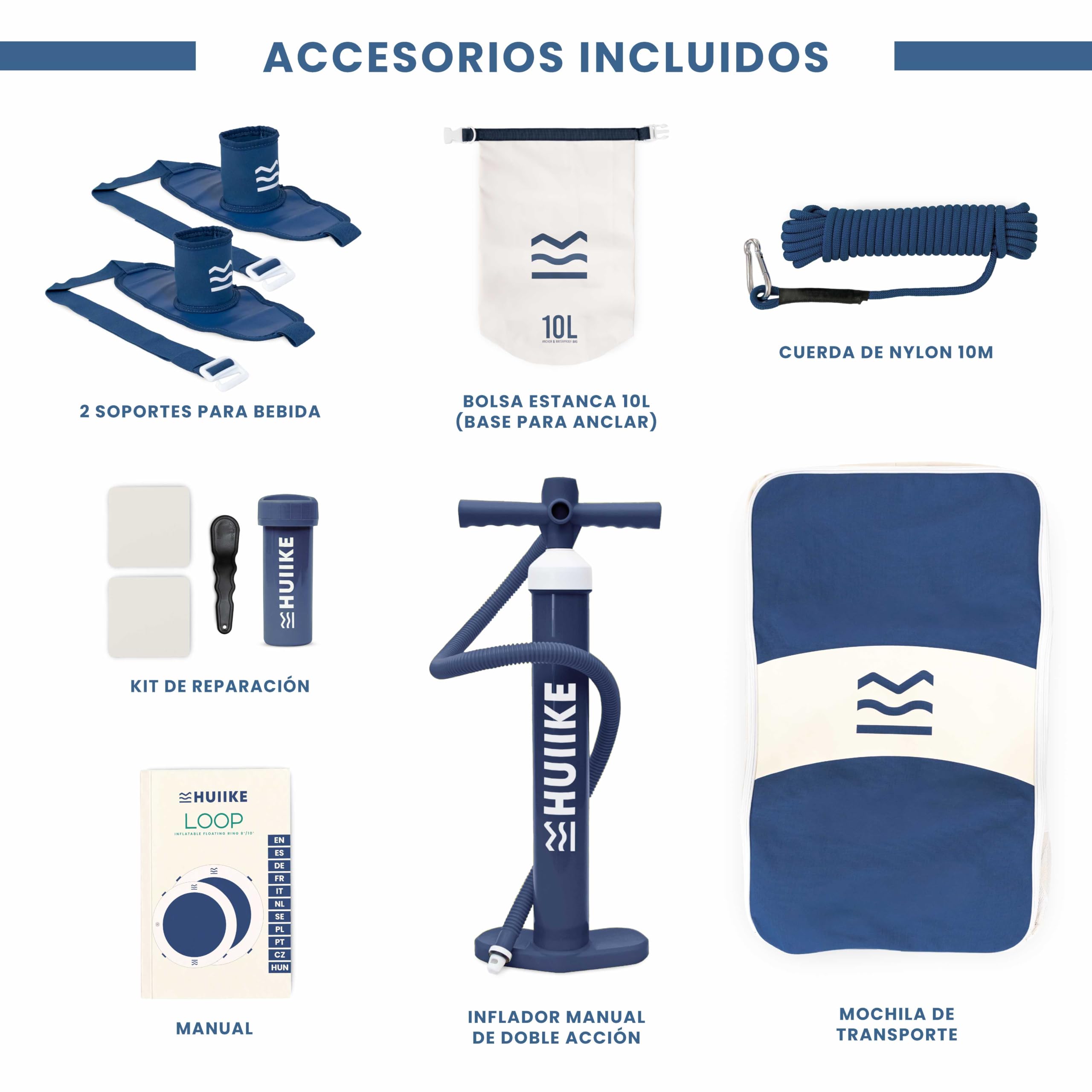 HUIIKE Anillo Hinchable 4 o 6 Personas, 280 o 500 kg, con Accesorios | Loop de 2,44 m o 3,05 m para Adultos y Niños. Plataforma Flotante con Inflador, Ancla de Arena, 2 Soportes Bebida y Mochila