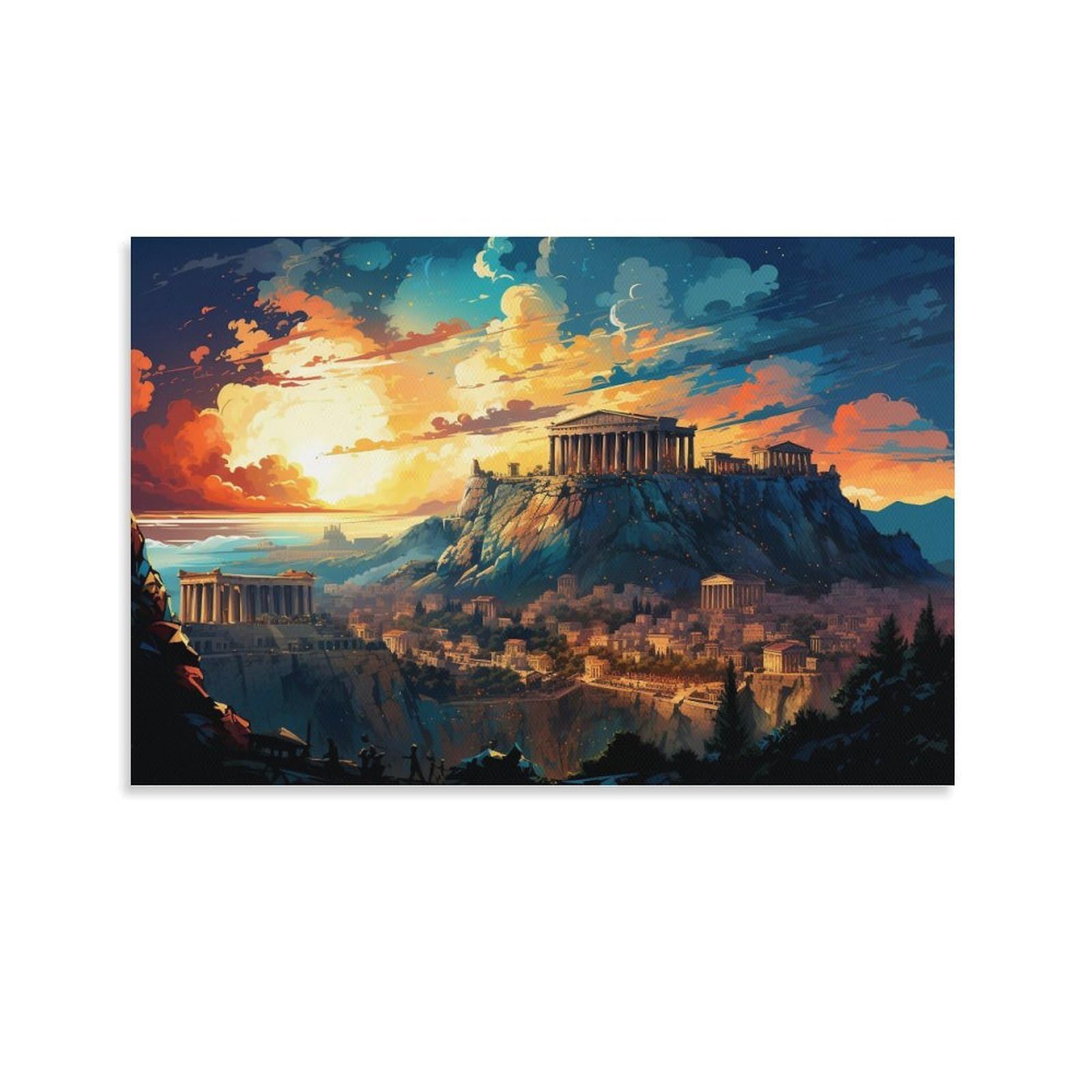 CPLVKWRQJ Bright Magical Colorful Single Piece Acropolis Sunset Painting Canvas Wall Hanging - Kitchen Removable Wall Art Focal Point Ready to Hang 24x36inch(60x90cm)