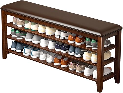 Miniatura 13 de Banco de zapatos de madera de caucho con cojín de cuero para banco de entrada, ideal para pasillos, zapateros, puertas delanteras, entradas,