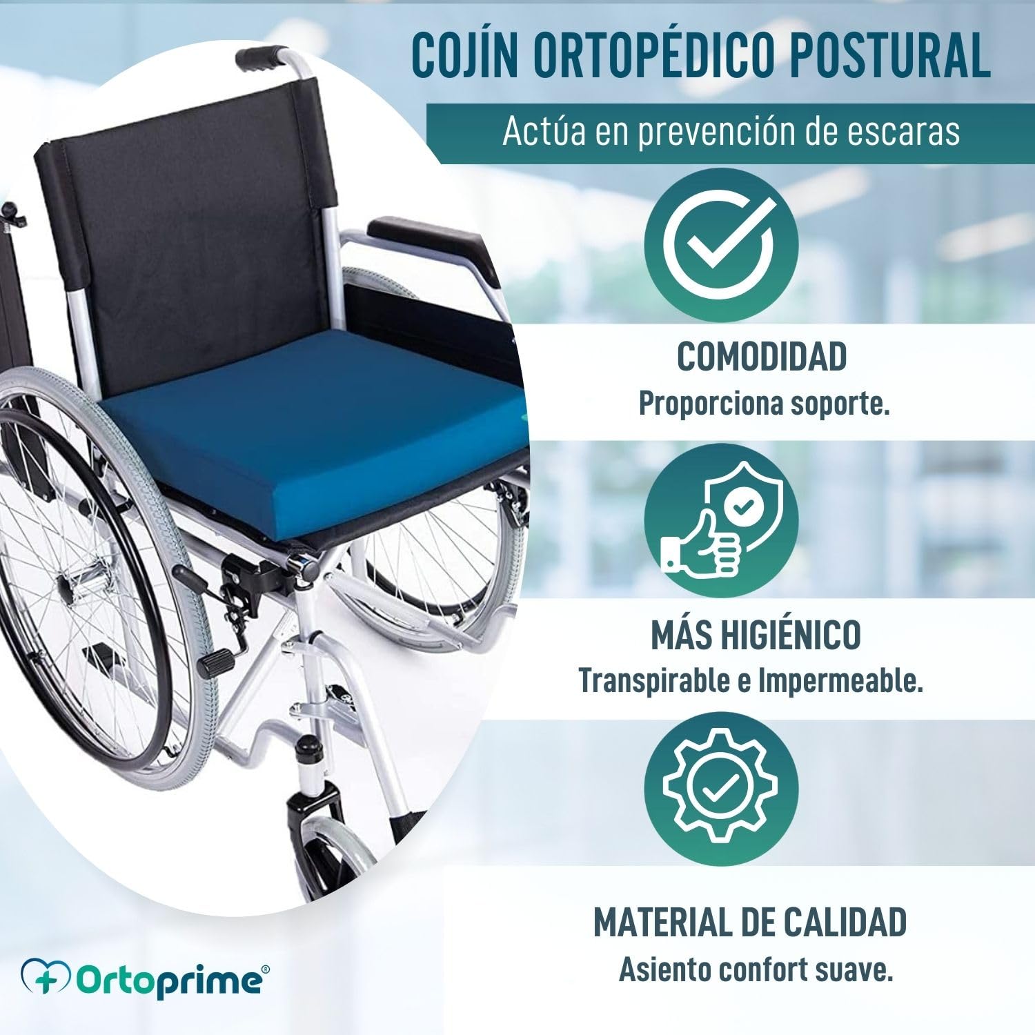 KMINA - Anti-slip kussen voor rolstoel, 42 x 42 x 8 cm, visco-elastisch schuimkussen, anti-slip kussen voor fauteuils, kussens, zwart, ademende 3D-stof - gemaakt in Spanje