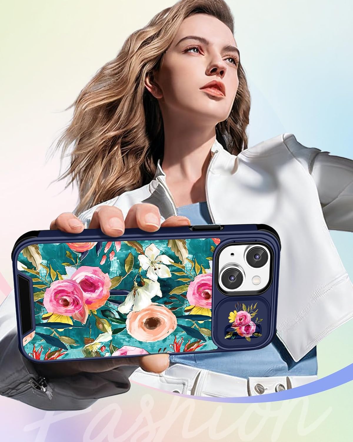 Buleens for iPhone 14 Case 6.1 Inch - with Ring Stand & Camera Cover Aesthetic Cute Designed for Women Girls Girly Pretty Lake Blue Flowers for Phone Case for iPhone 14 Compatible with Magsafe - Image 6