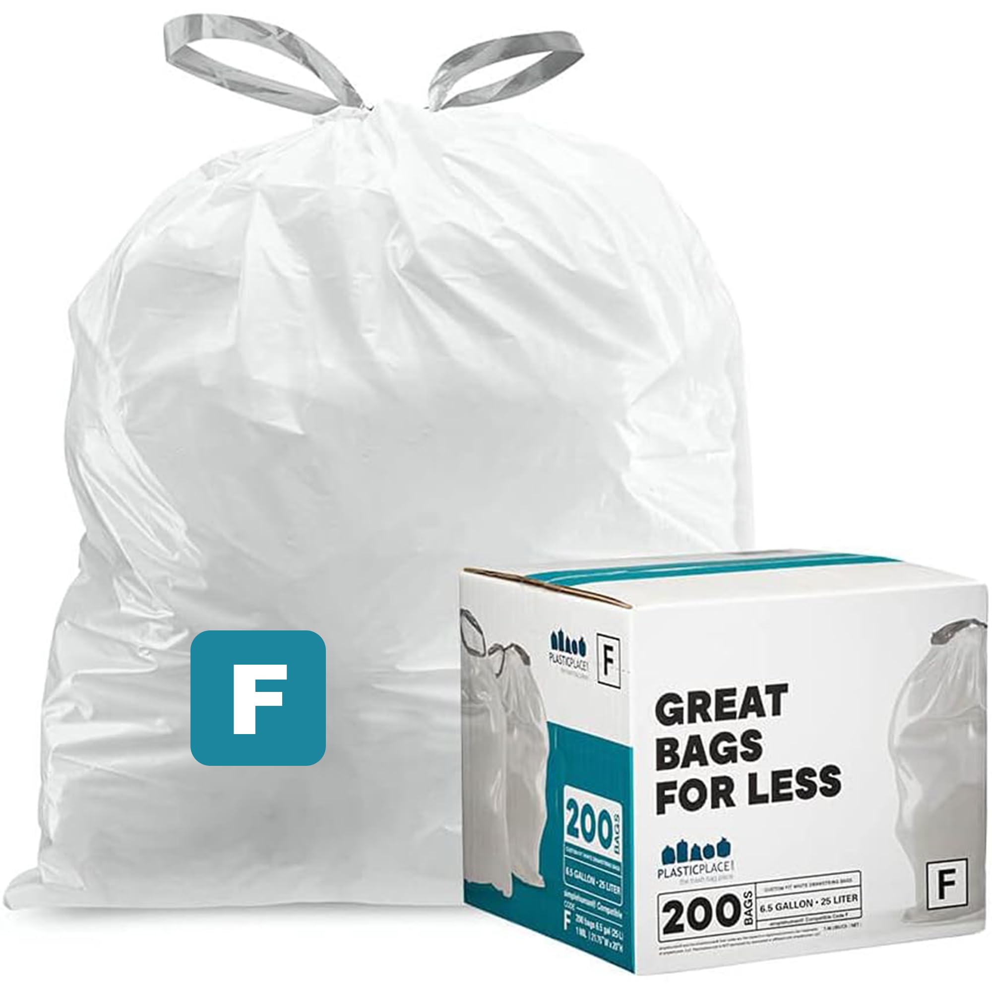 Plasticplace Custom Fit Trash Bags simplehuman Code F Compatible (200 Count) White Drawstring Garbage Liners 6.5 Gallon