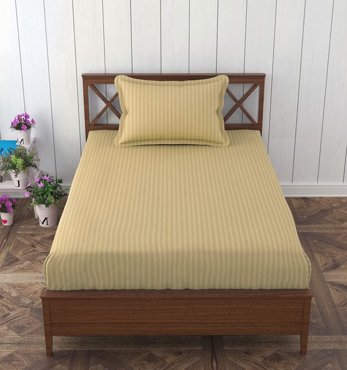 HOMYBEES® Elastic Fitted 100% Cotton Feel Stripes King Size Single Bed Bedsheet with 1 Pillow Cover (36"x78" Upto 6" Mattress) Beige (B0BJ6KBQXP) Amazon Price History, Amazon Price Tracker