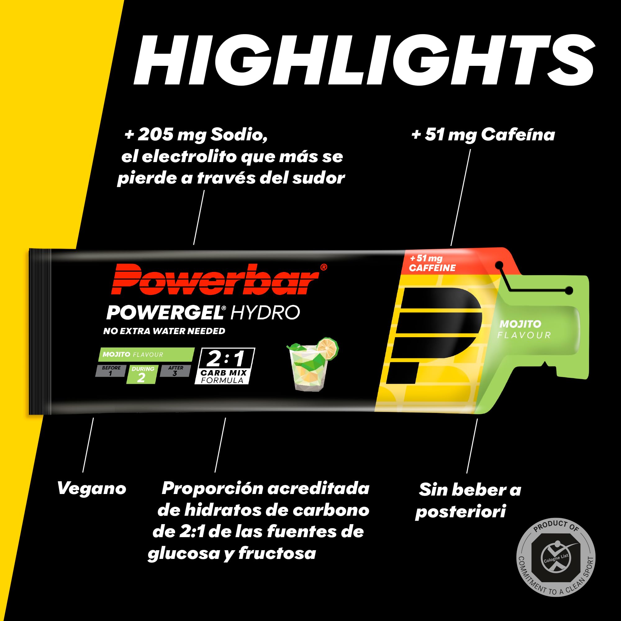 Powerbar - PowerGel Hydro - Mojito - 24x67ml - Gel energético alto en carbohidratos - Sodio - 51mg de cafeína