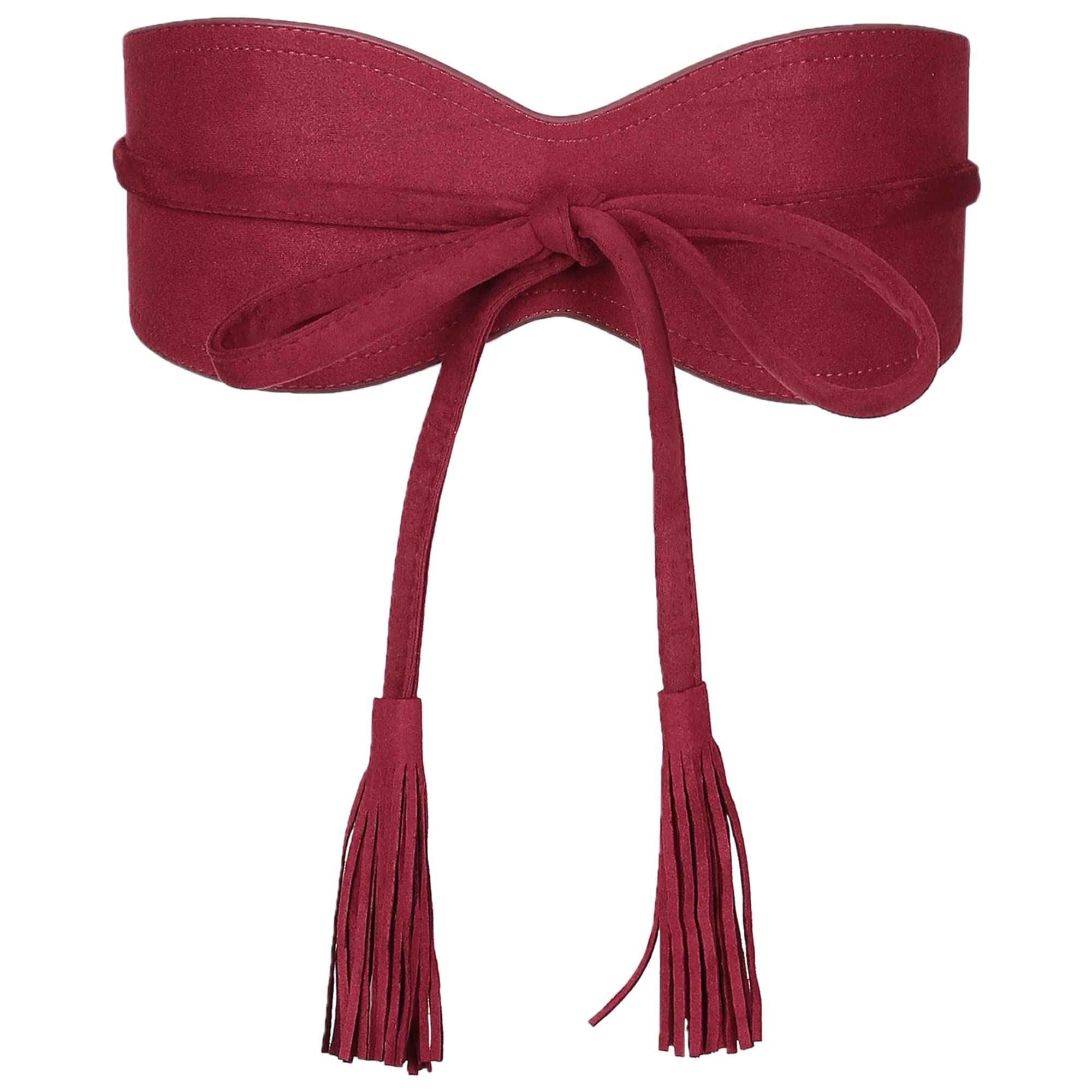 Elerevyo Womens Faux Suede Tassel Belt, Vintage Bow Tie Corset Cinch Obi Belts Waistband for Dress Wine Red 65-106cm/25.59-41.73"