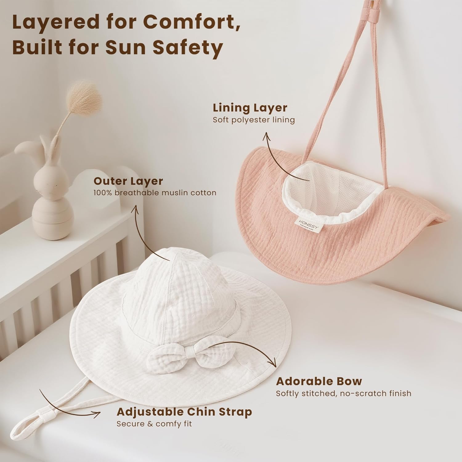 Konssy Muslin Baby Sun Hat 2-Pack, UPF 50+ Sun Protection Wide Brim Summer Beach Hat, Bucket Hat for Girls and Boys - Image 3