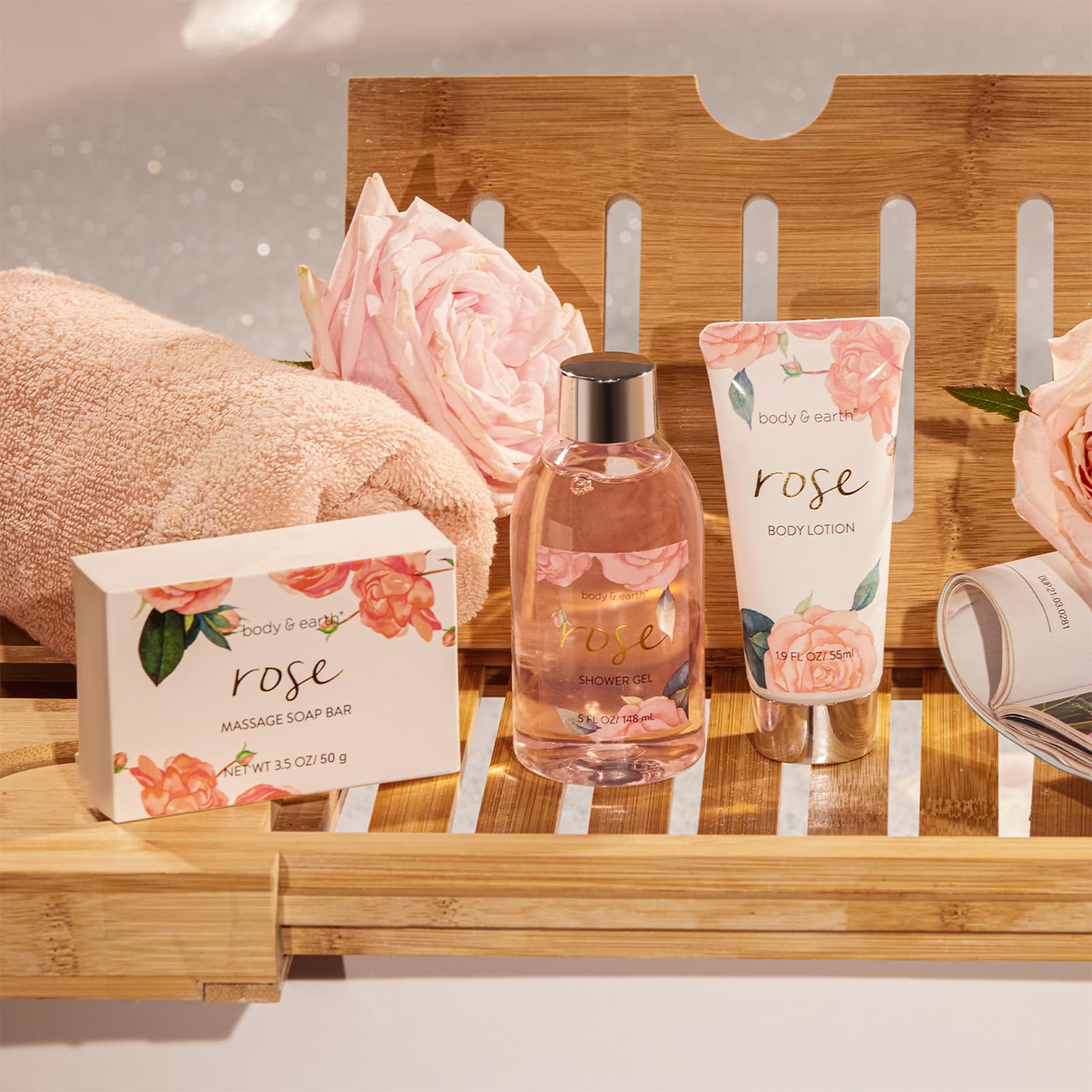 BODY & EARTH Confezione Regalo per Donne, 5 Pezzi, Rosa, gel Doccia, Burro per il Corpo, Crema per Le mani, Lozione per il Corpo, Regalo di Compleanno, Fidanzata, San Valentino per lei