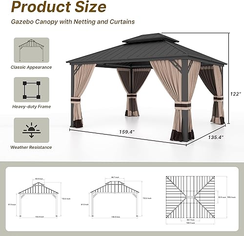 Miniatura 3 de Gotland Cenador de techo rígido azul marino de 12 x 14 pies con cortinas y red, pérgola de metal de hierro de doble techo para patio, jardín, césped