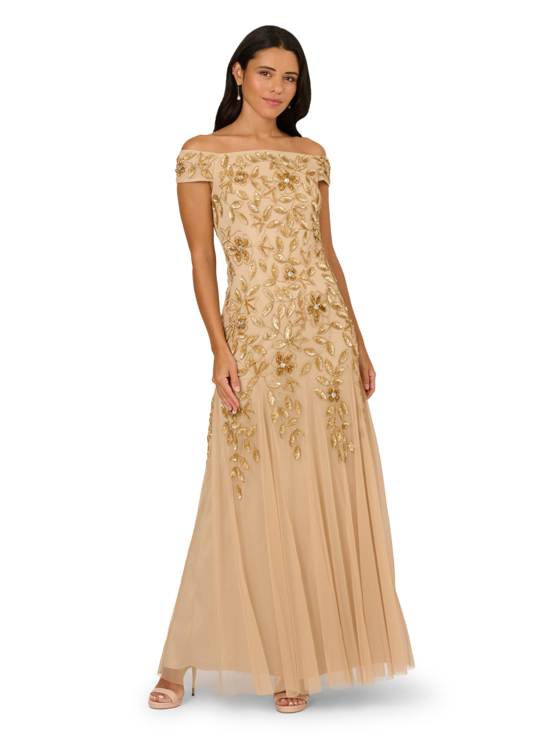 Adrianna Papell Womens Off Shoulder Bead Long Dress, Champagne Gold, 14