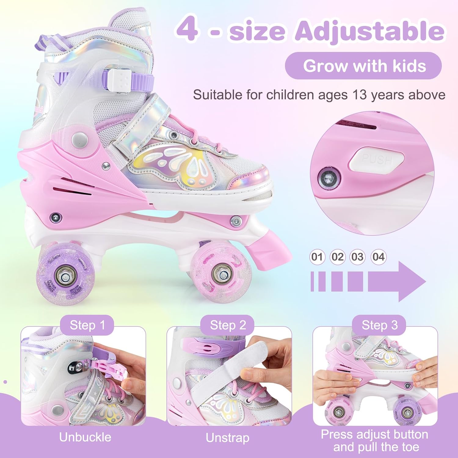 BABY JOY Roller Skates, 4 Sizes Adjustable Quad Skates for Girls Teens Adults 5-8 8-13 13+ with Light-up Wheels & Safety Protection, Fun Illuminating Birthday Gifts for Indoor Outdoor Sports