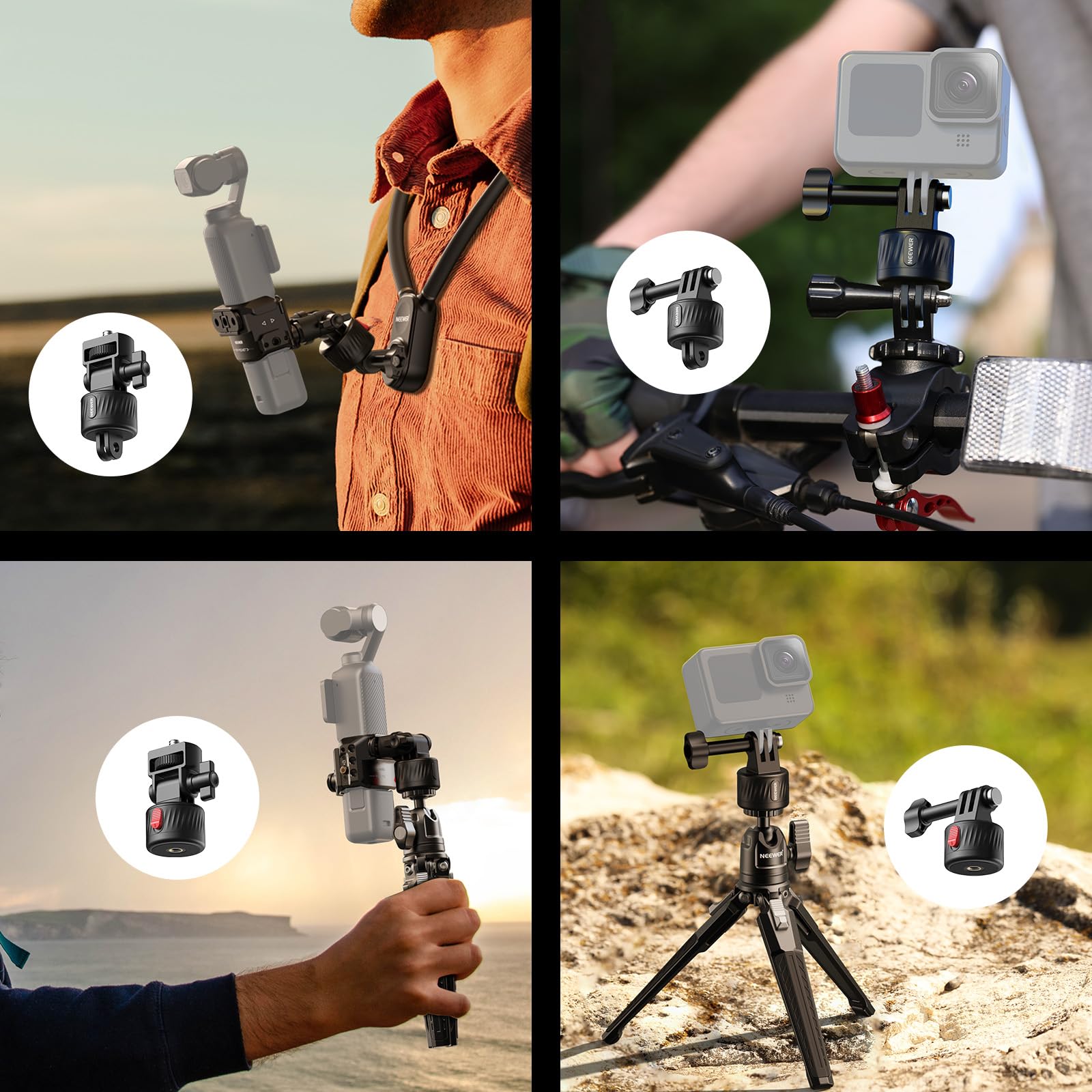 NEEWER GP-24 Kit Accessori di Supporto Action Camera per Riprese POV, Attacco Magnetico a Sgancio Rapido 4in1 in ABS con Filettatura 1/4" e Panno Pulizia Compatibile con GoPro DJI Osmo Action Insta360